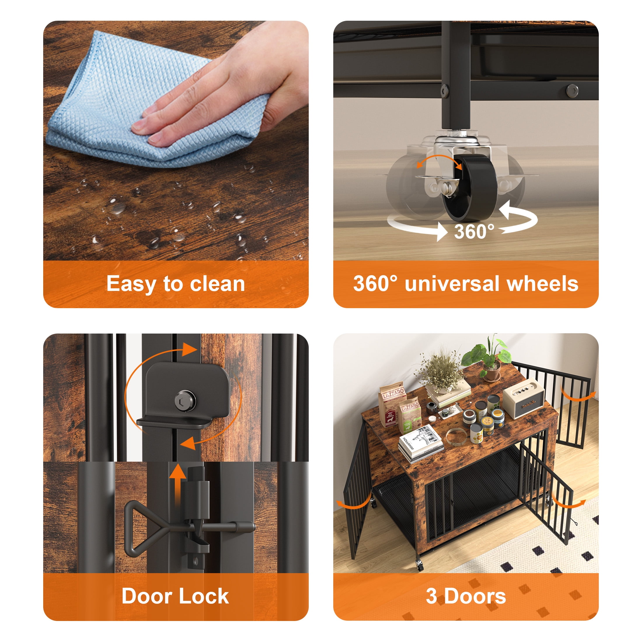 Monasem Wooden Dog Crate Furniture with Removable Tray,Heavy Duty Dog Kennels for Inside with 3 Door Wheeled for Medium to Large Dogs,38.6"L x 23.8"W x 27.4"H - Image 4