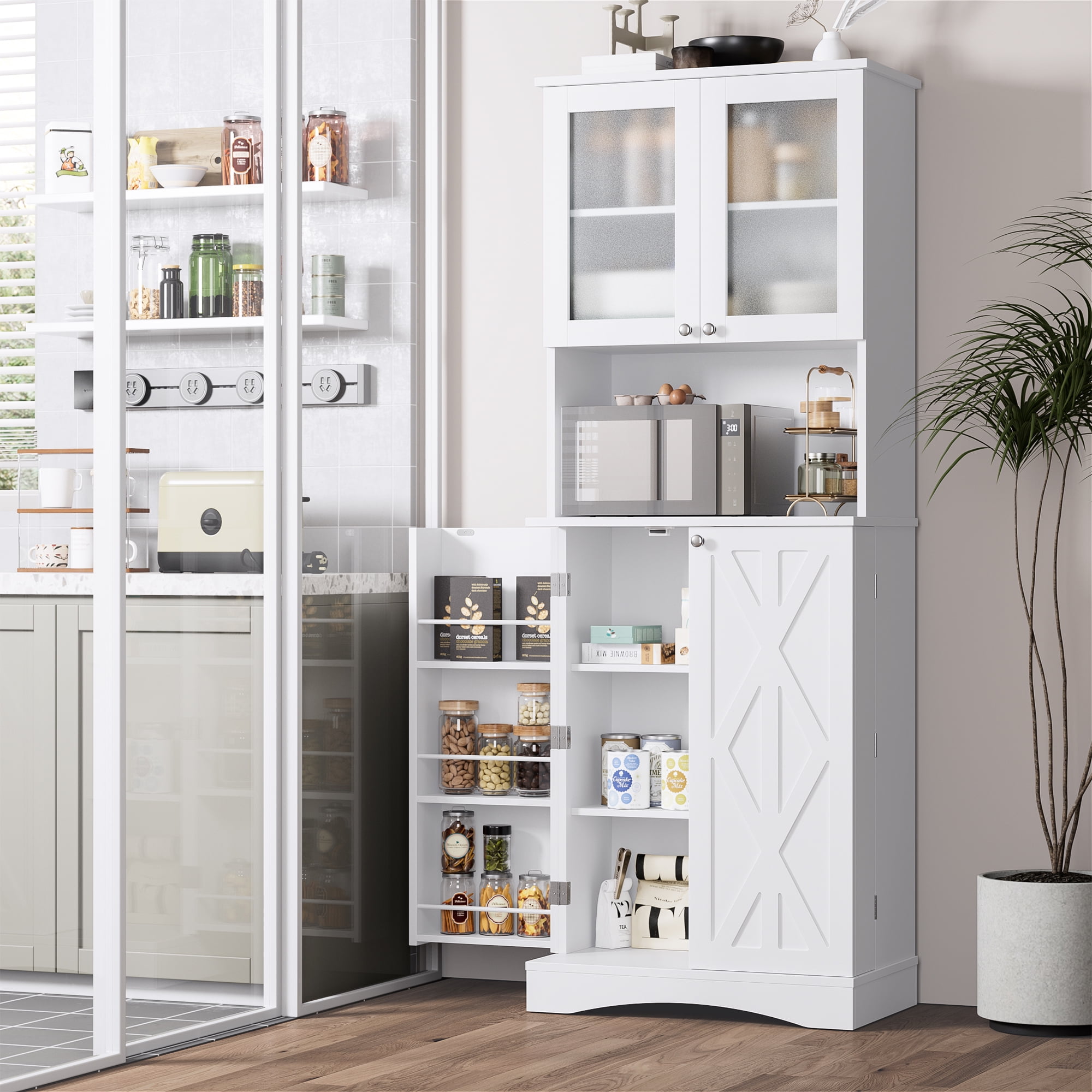 Homfa Farmhouse Kitchen Pantry with Microwave Shelf, 4 Doors Food Storage Cabinet with Adjustable Shelves for Dining Room, White - Image 5