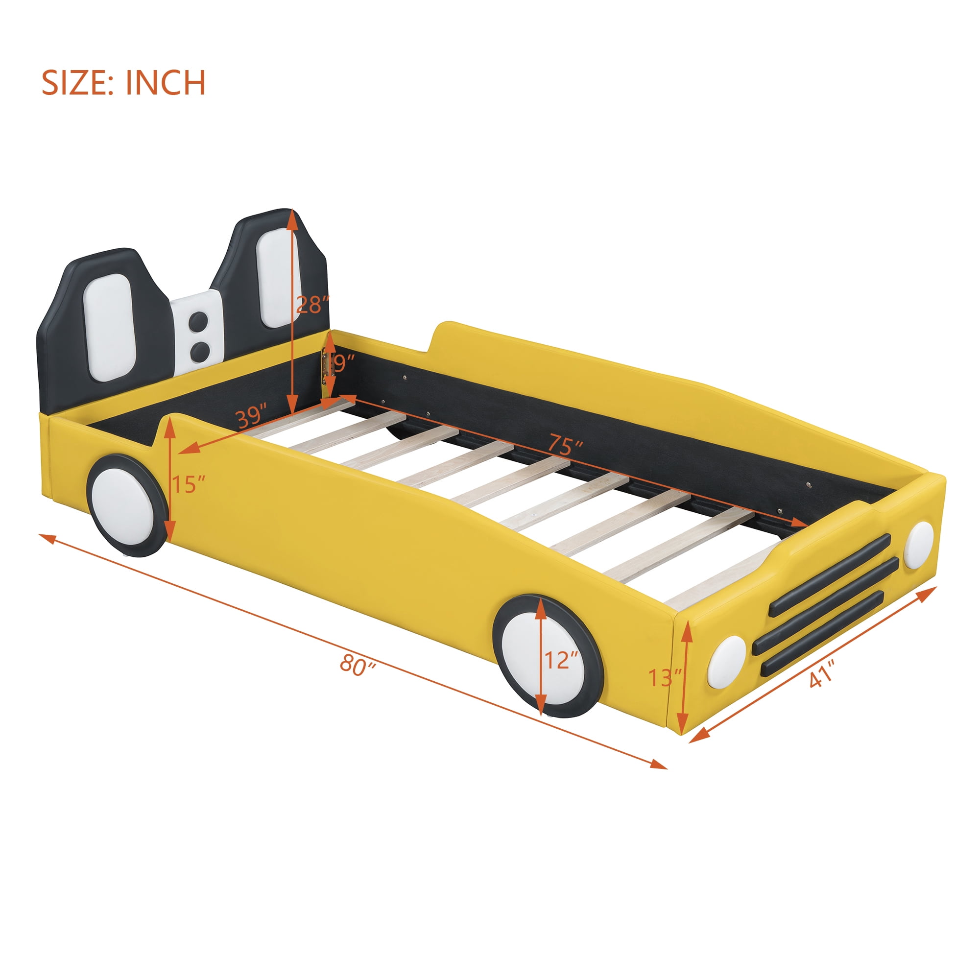 Euroco Upholsterered Race Car-Shaped Twin Size Platform Bed for Bedroom, Yellow - Image 9