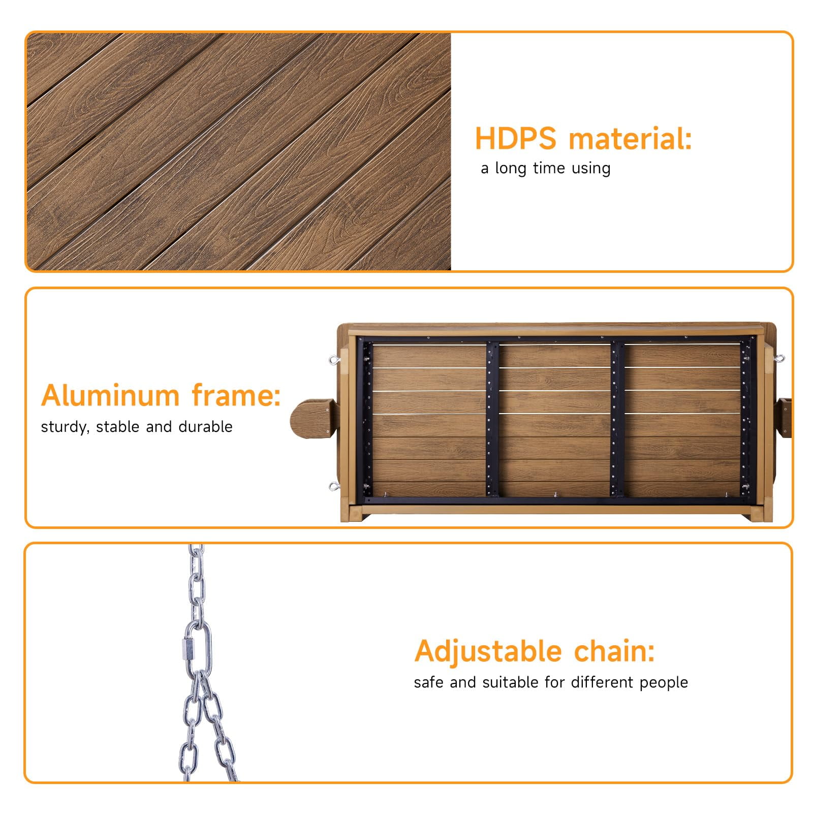 Naipo Upgraded Patio HDPS Porch Swings 2-Seater for Outdoor Lawns Garden Yard, Outdoor Patios Swing Can Hold Up to 800lbs, Swing Chair Bench with Adjustment Hanging Chains for Outdoors - Image 3