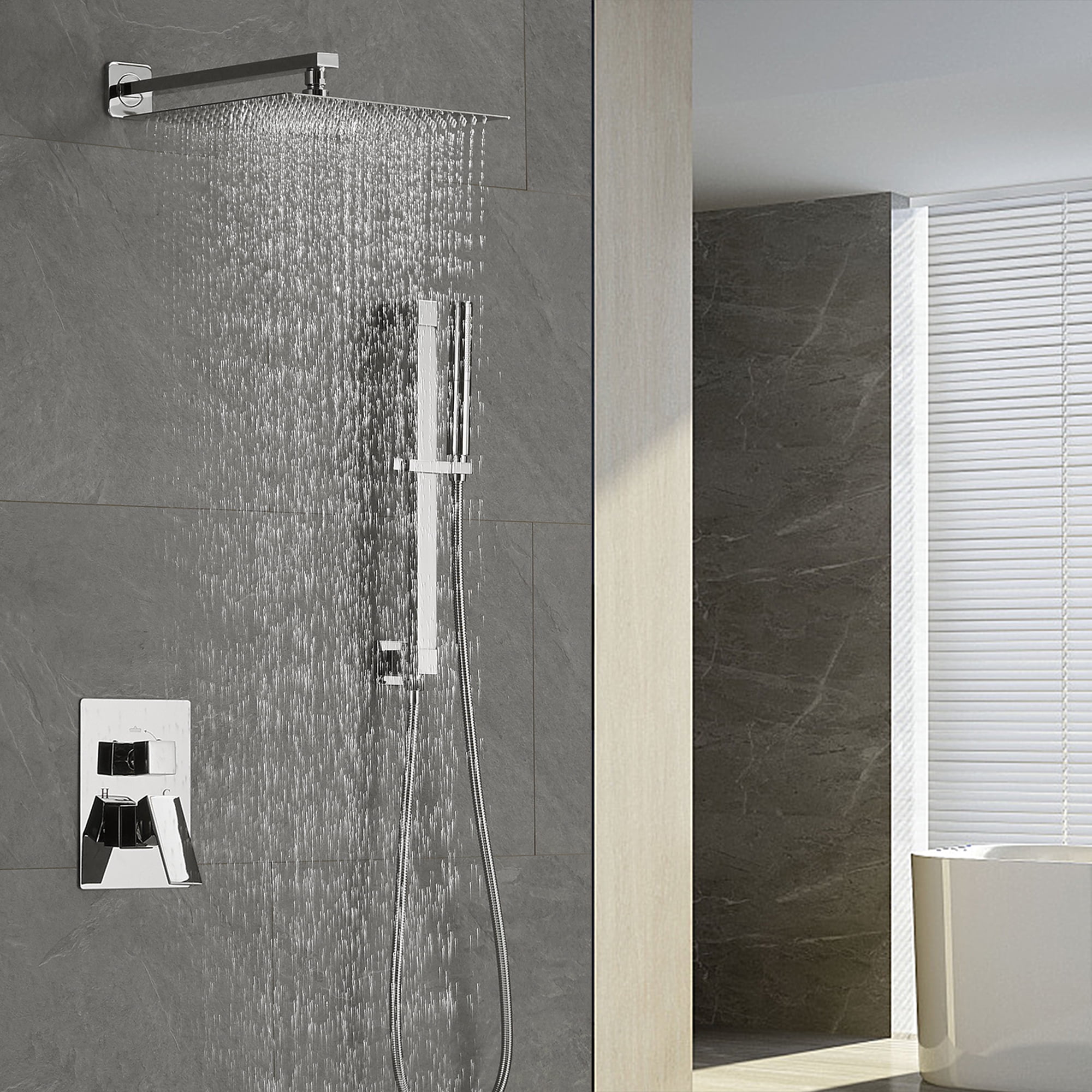 BESy 12 inch Polished Chrome Shower System Rain Shower Head with 2 in 1 Handheld Shower, Rainfall Shower System with Adjustable Slide Bar, Shower Faucet Fixture Combo Set - Image 3