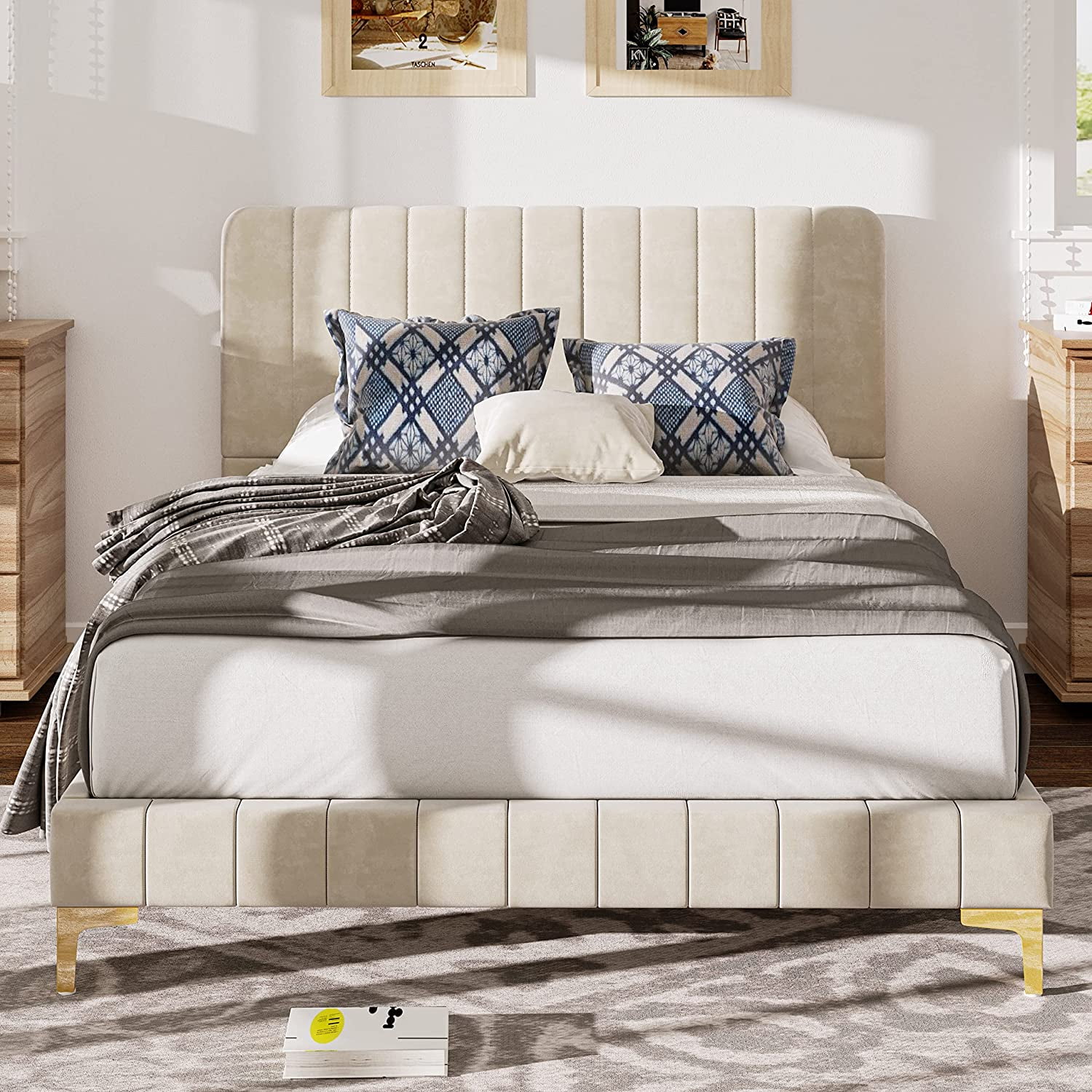 LIKIMIO Queen Upholstered Bed Frame with Headboard and Strong Supports, Velvet/Beige - Image 3