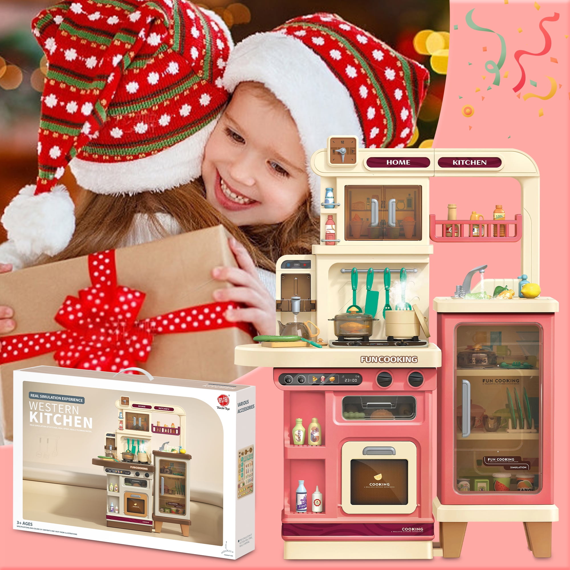 Lookfly 40.6 Inch Play Kitchen Set for Kids, Large Pretend Play Kitchen with Realistic Lights and Sounds, Simulation of Spray for Toddlers Girls Boys Gift ,Pink - Image 5