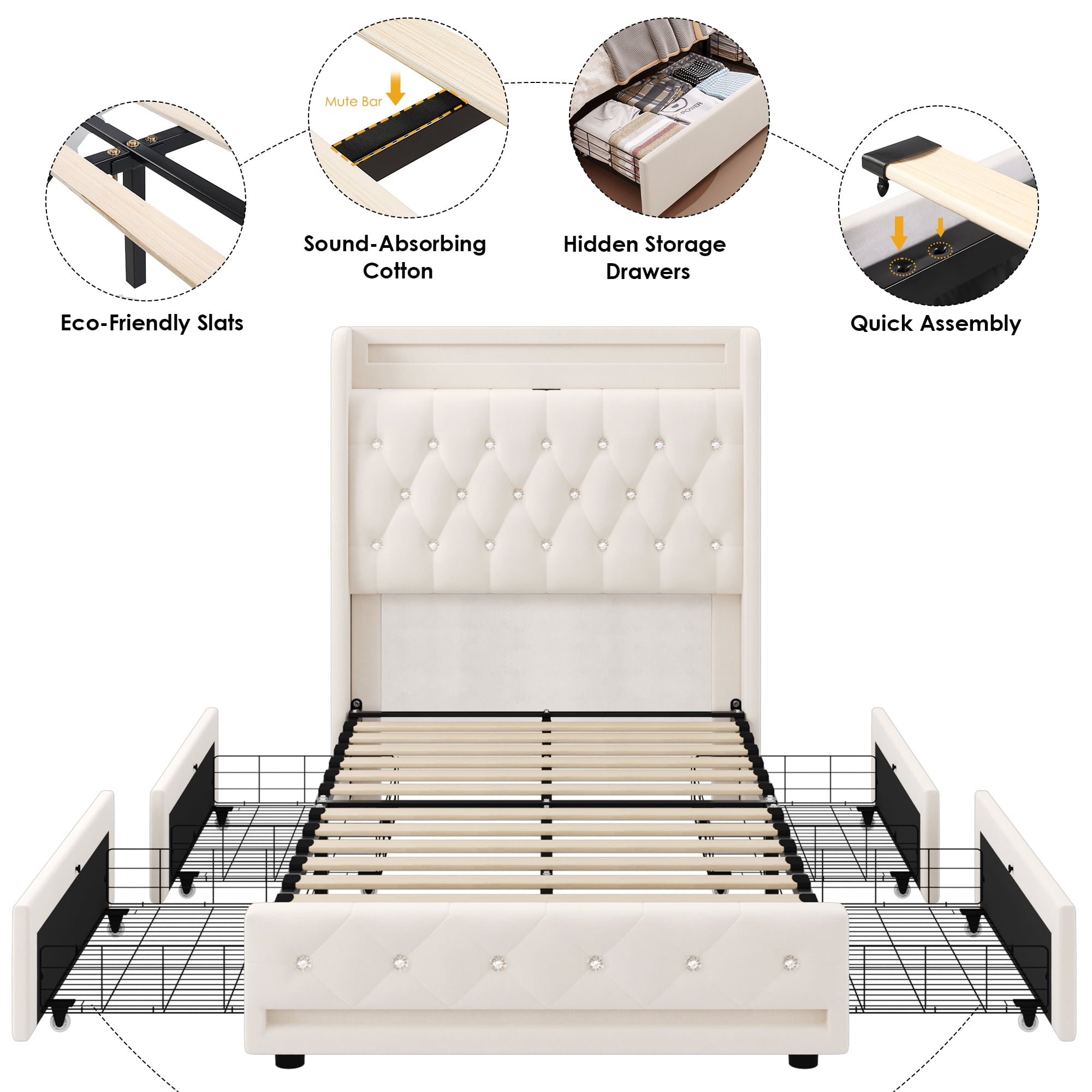 Homfa Twin Bed Frame with LED Light & Charge Station, 4 Storage Drawers Modern Upholstered Wingback Platform Bed Frame, Beige Velvet - Image 7