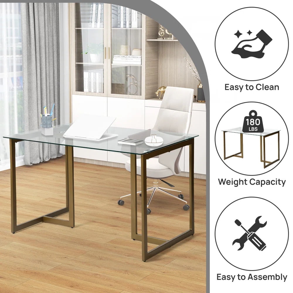 Homy Casa 47.2-inch Writing Desk with Tempered Glass Top Computer Desk for Home Office, Living Room - Image 4