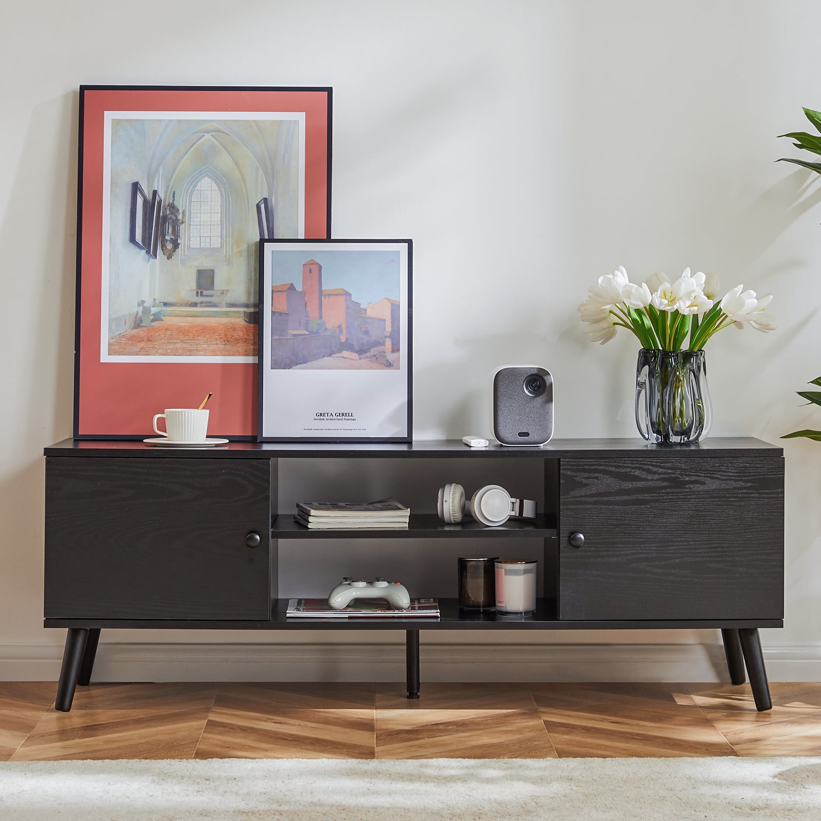 CONCETTA Wood TV Stand with 2 Storage Cabinets, Modern Entertainment Center for TVs up to 60 inches, Media Console with Adjustable Shelves and Cable Management, Black - Image 7