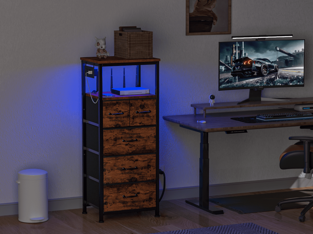 Furologee Vertical Storage Dresser with 5 Drawers & Shelves for Bedroom, Living Room, Nightstand with Charging Station & Led Lights for Adult, Rustic Brown - Image 9