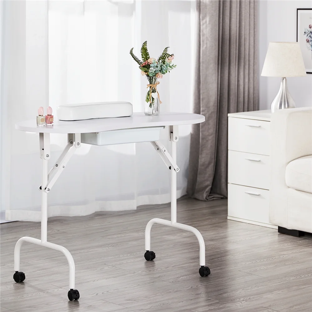 Alden Design Folding Manicure Table Nail Beautician Desk with Lockable Wheels & Bag - Image 3