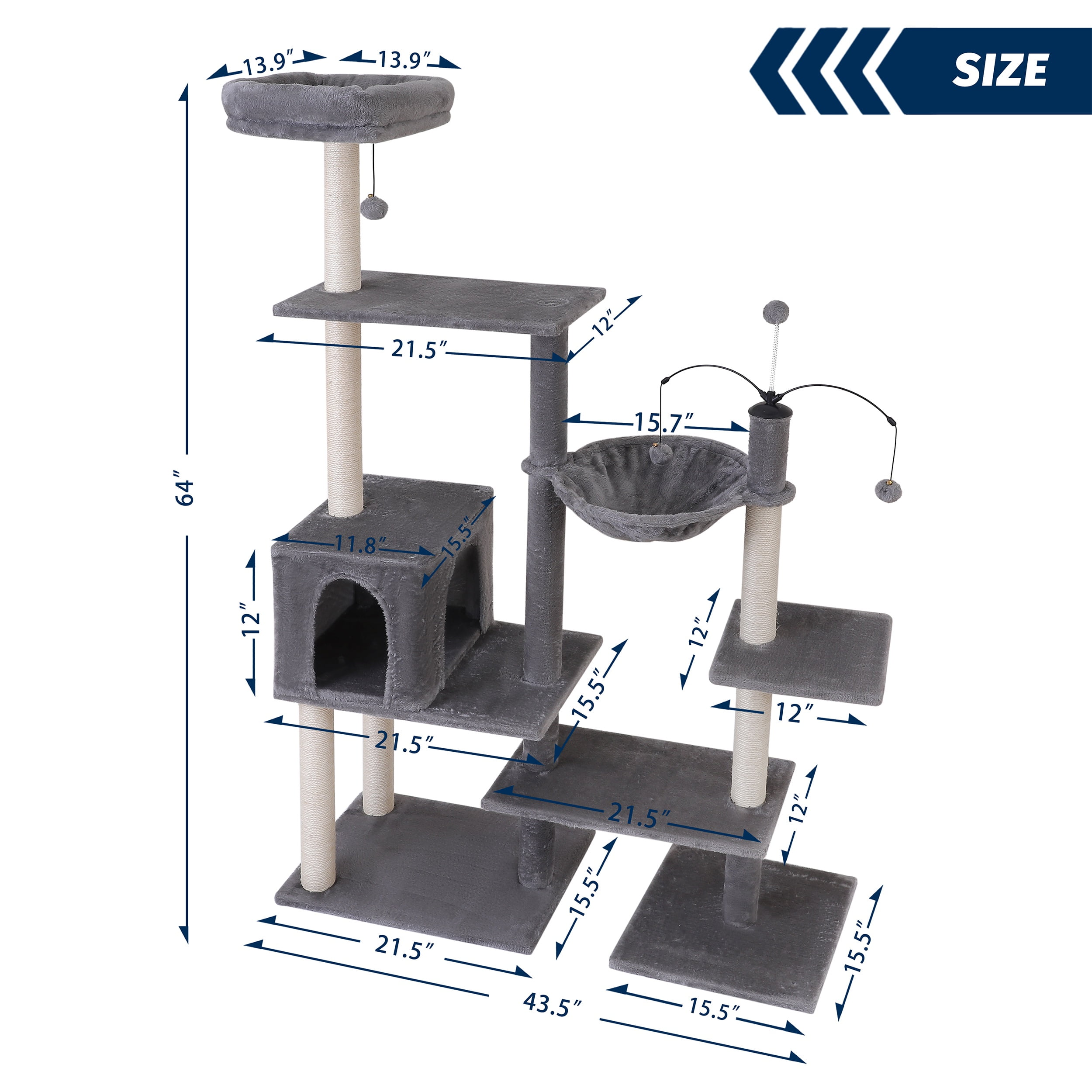 Vibrant Life 64” Multiple Level Cat Tree Tower with Condo and Hammock, Gray - Image 4