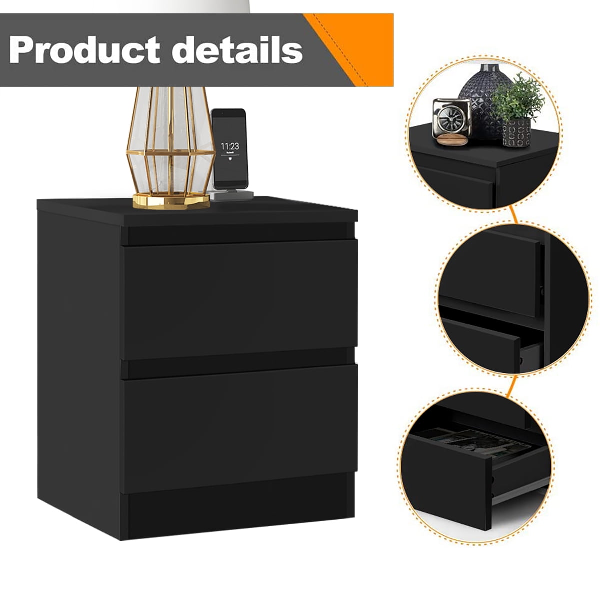 Hommpa 2 Drawers Nightstand for Bedroom, Bedside End Table Organizer, Wooden Black Finish 17.72" x 13.78" x 18.51" - Image 10