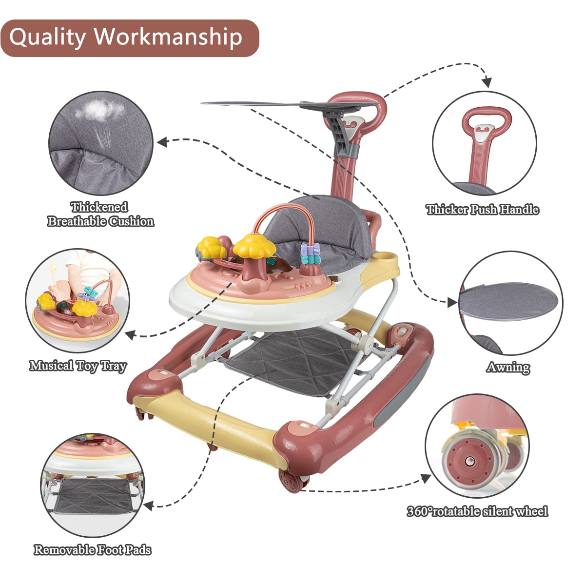 Jonster Baby Walker, 4 in 1 Foldable Walkers with Wheels & Removable Feeding & Music Tray, Activity Center for Baby Boys / Girls, Pink - Image 4