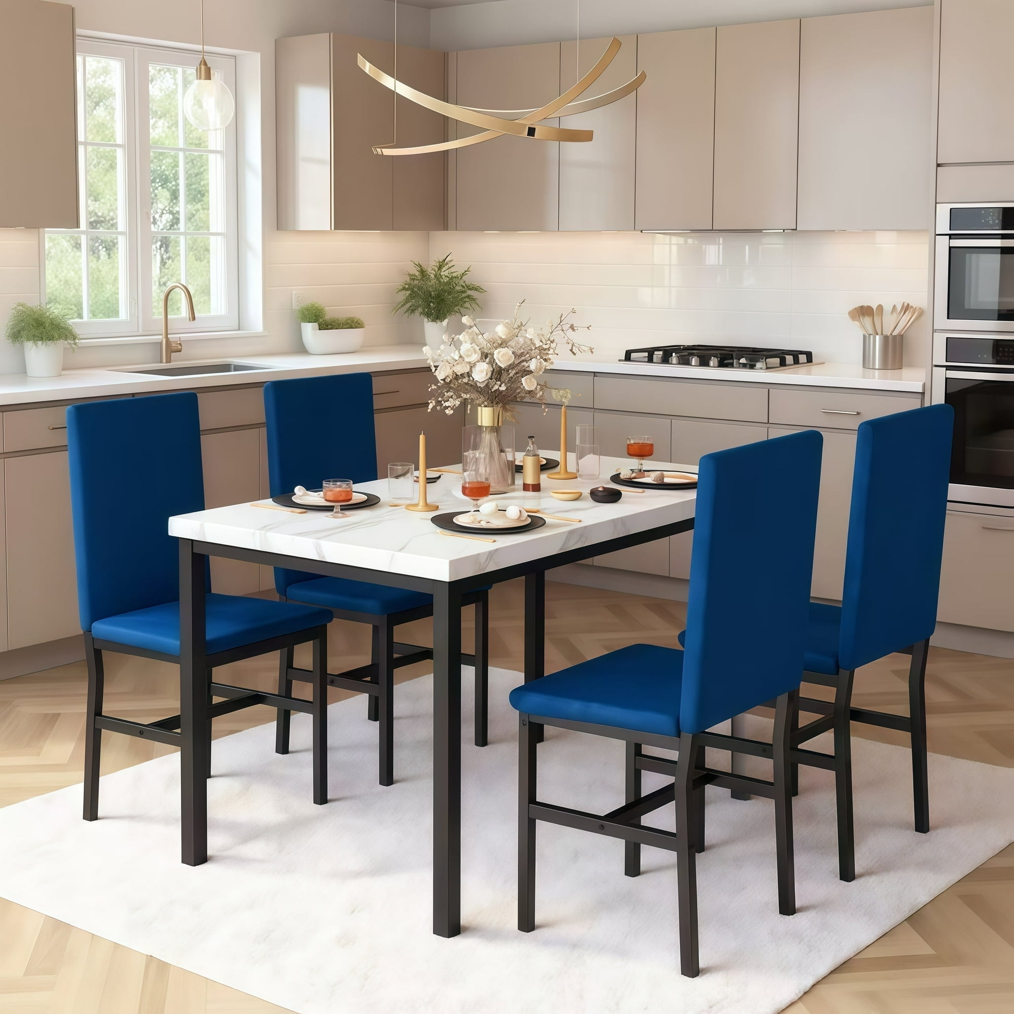 AWQM 5 Piece Dining Table Set, Kitchen Table and Chairs Set for 4 with Faux Marble and 4 Velvet Upholstered Dining Chairs for Home, Restaurant, White & Blue - Image 7