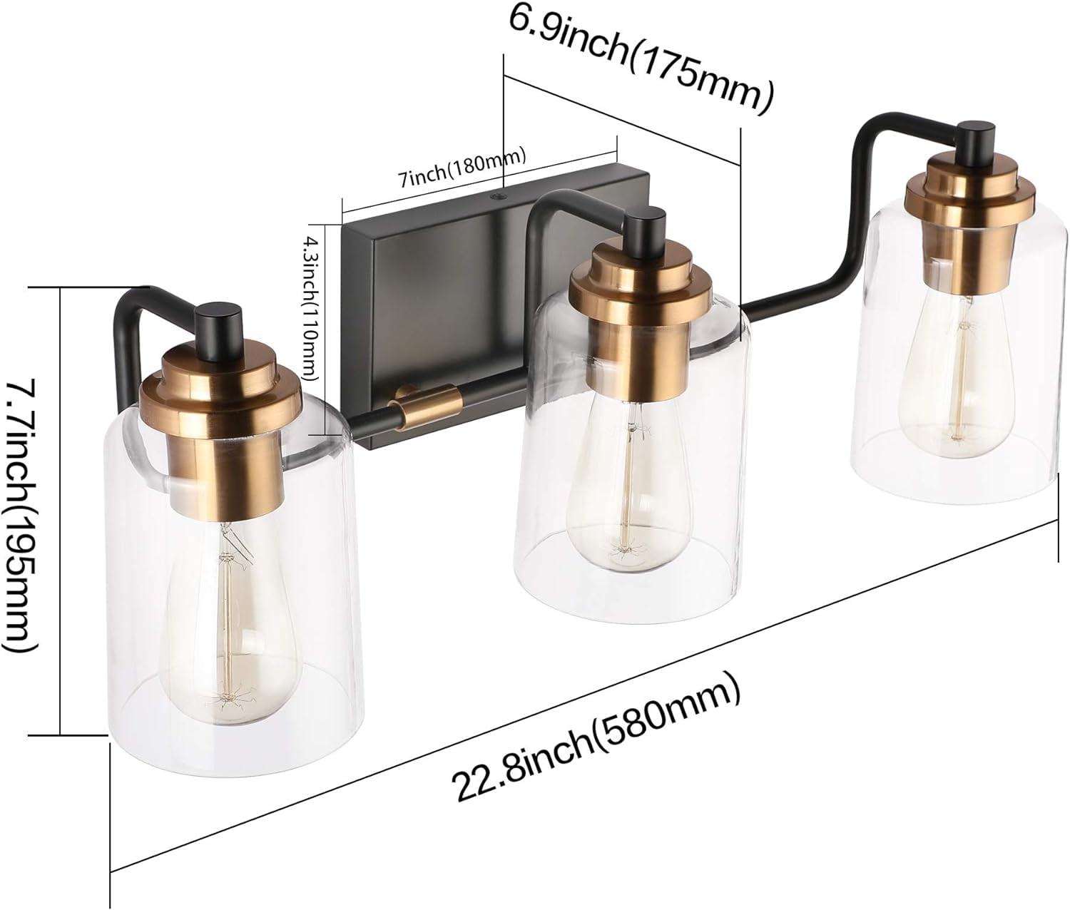 3 Head Vintage Bath Vanity Light Wall Bathroom Over Mirror Modern Glass Shade Light Fixtures (3 Lights-Exclude Bulb) - Image 4