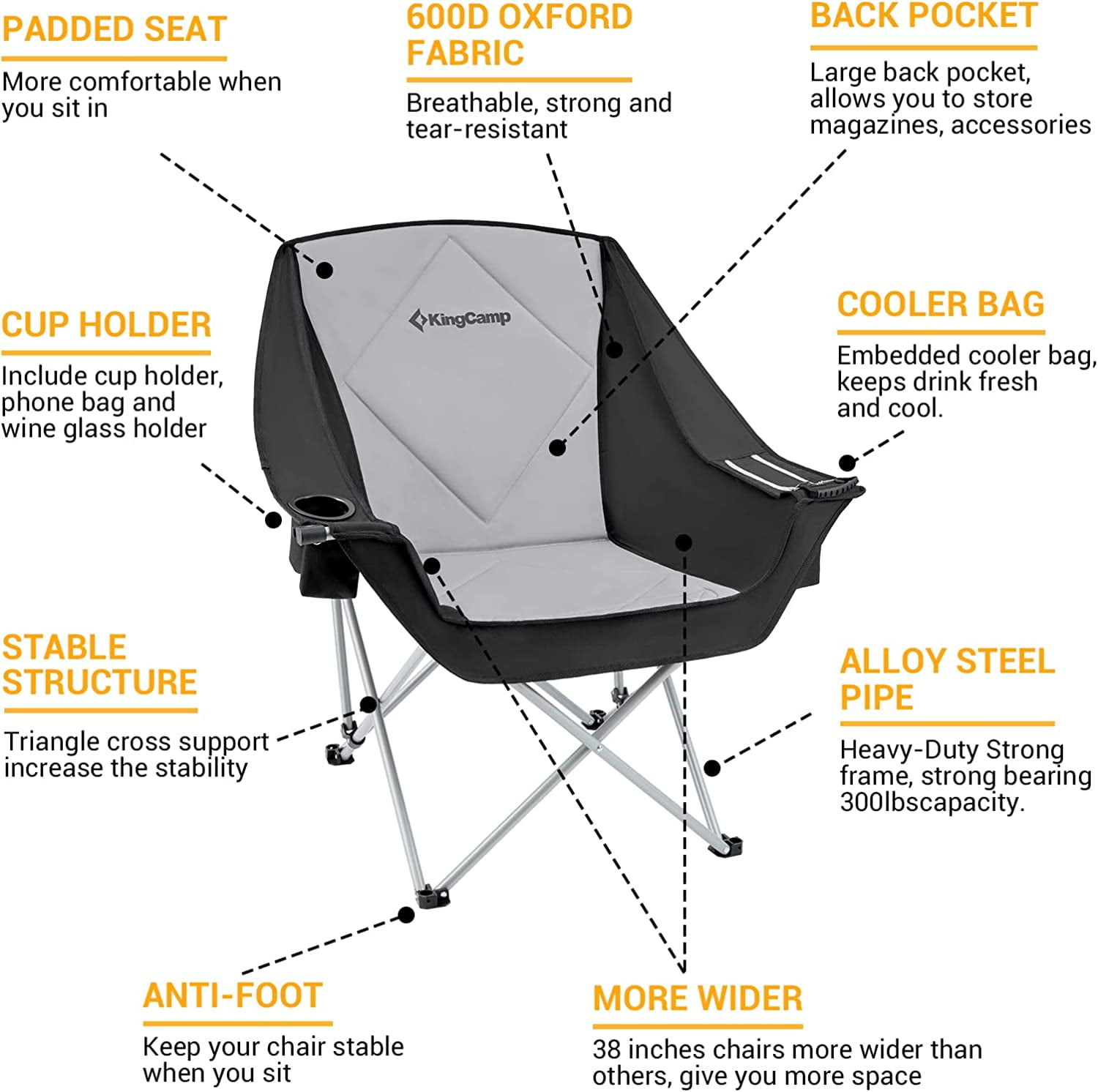 KingCamp Oversized Fully Padded Camping Chair for Adults, Support 330lbs Outdoor Folding Camping Sofa Chair with Pocket, Heavy Duty Folding Round Camping Chair, Black Light Grey - Image 8