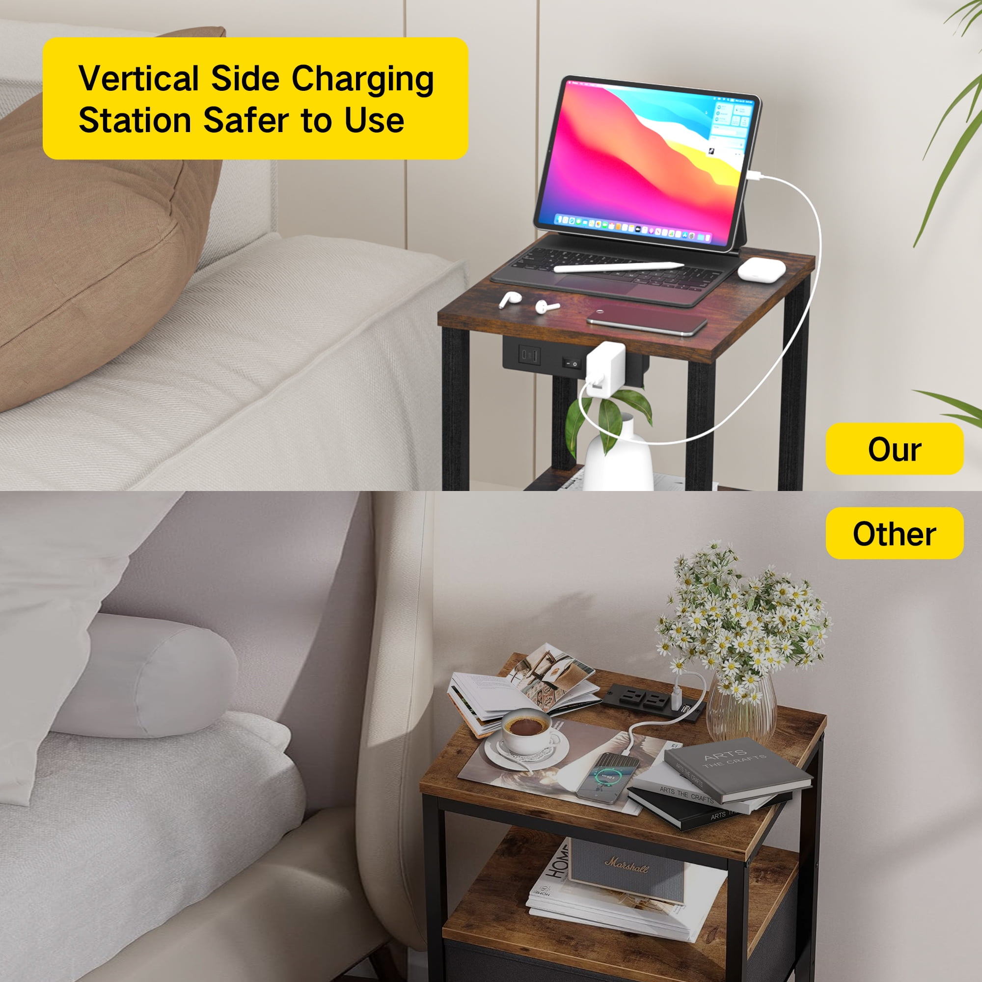 OUTONLIFE End Table with Charging Station, Small Bedside Table with 3 Storage Shelves, Narrow Side Table with USB Ports & Power Outlets, Night Stand for Living Room, Bedroom, Black - Image 2