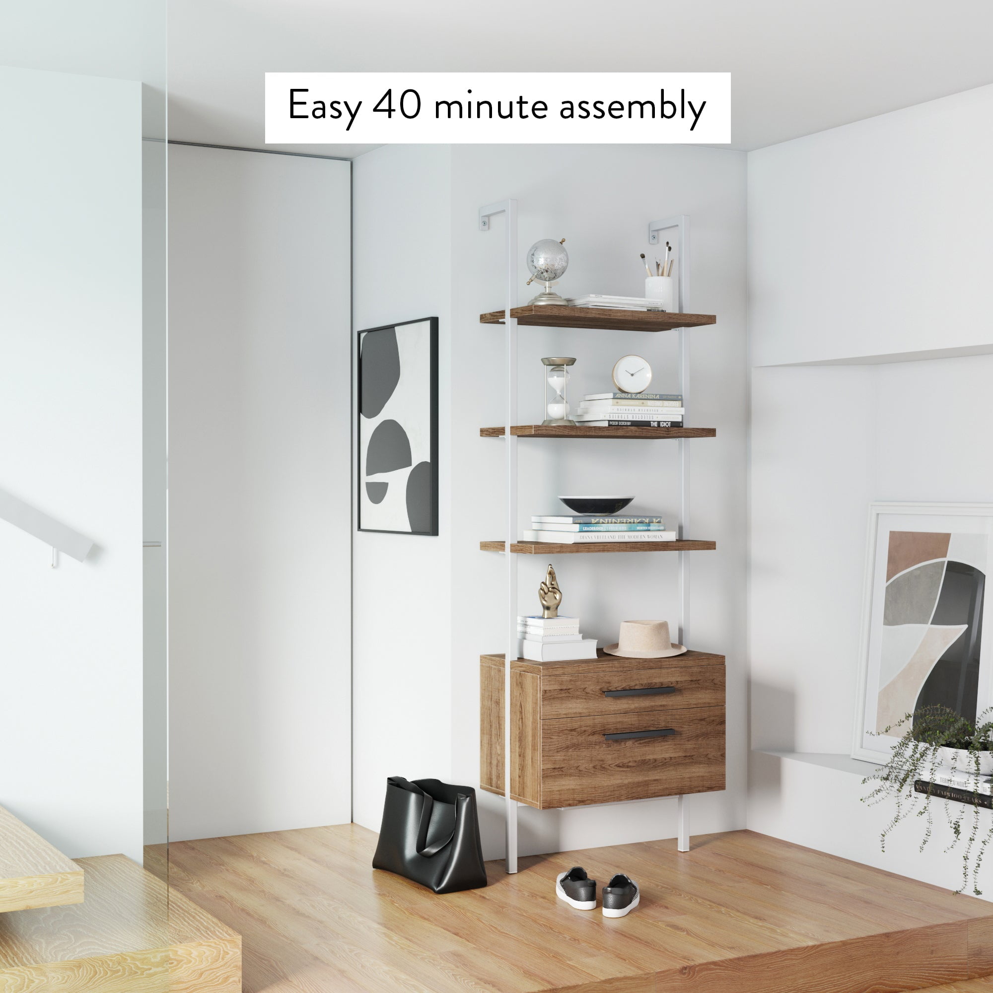 Nathan James Theo Open Shelf Bookcase with Drawers in Rustic Oak Wood and White Steel Frame - Image 7