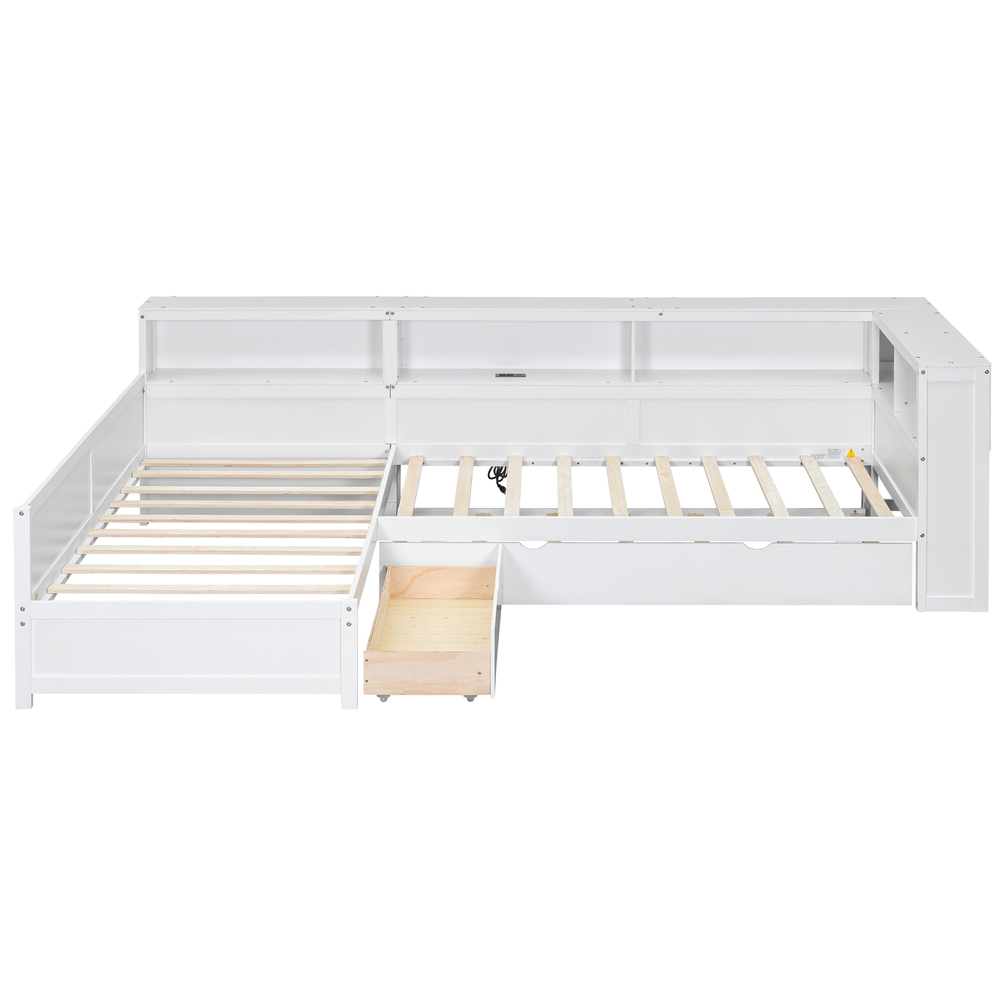 Euroco Wood Twin Size Platform Bed, L Shaped Daybeds with Storage Headboard and USB Charging, 3-in-1 Bed with Trundle and Drawer, White - Image 13