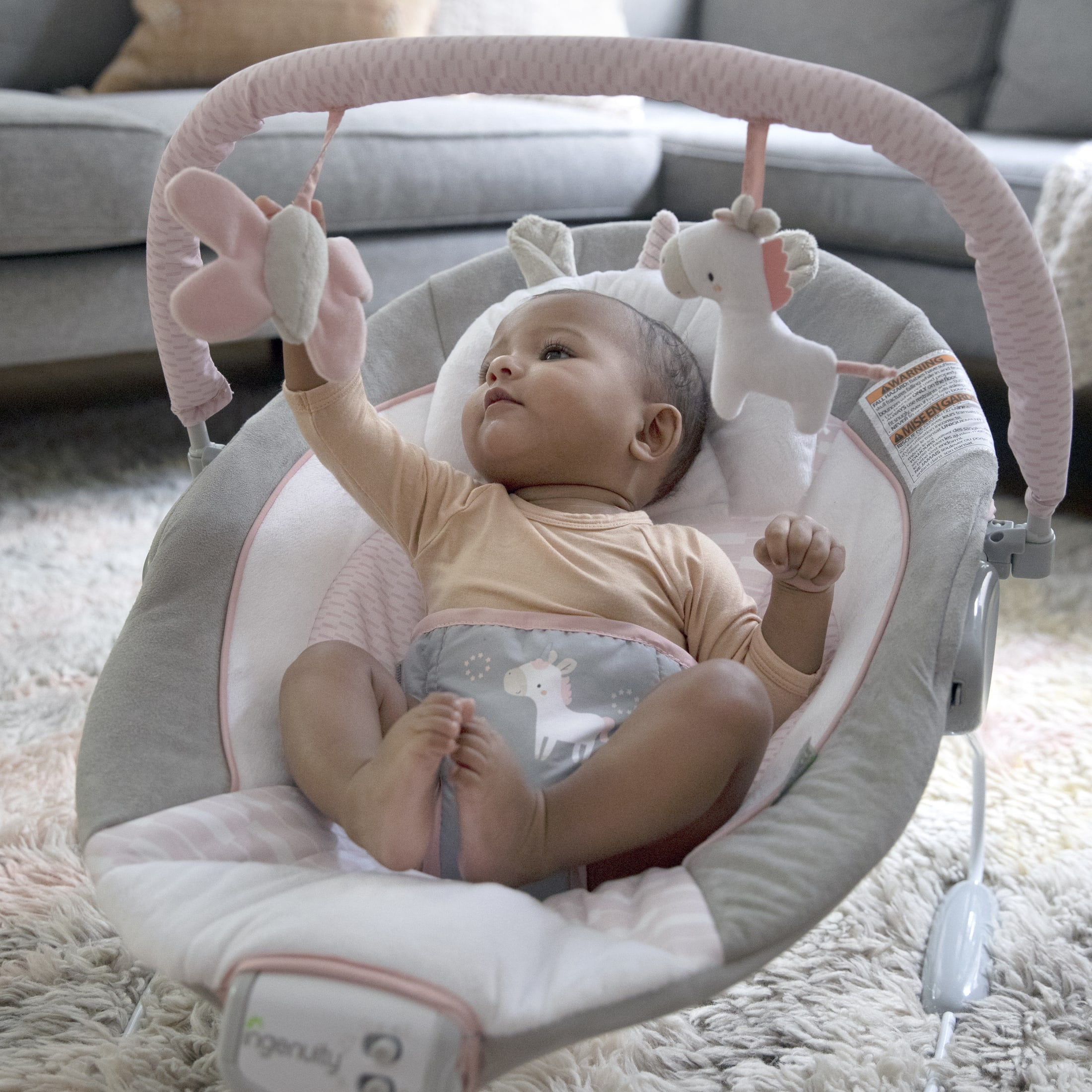 Ingenuity Flora the Unicorn Vibrating Infant Baby Bouncer, Pink - Image 2