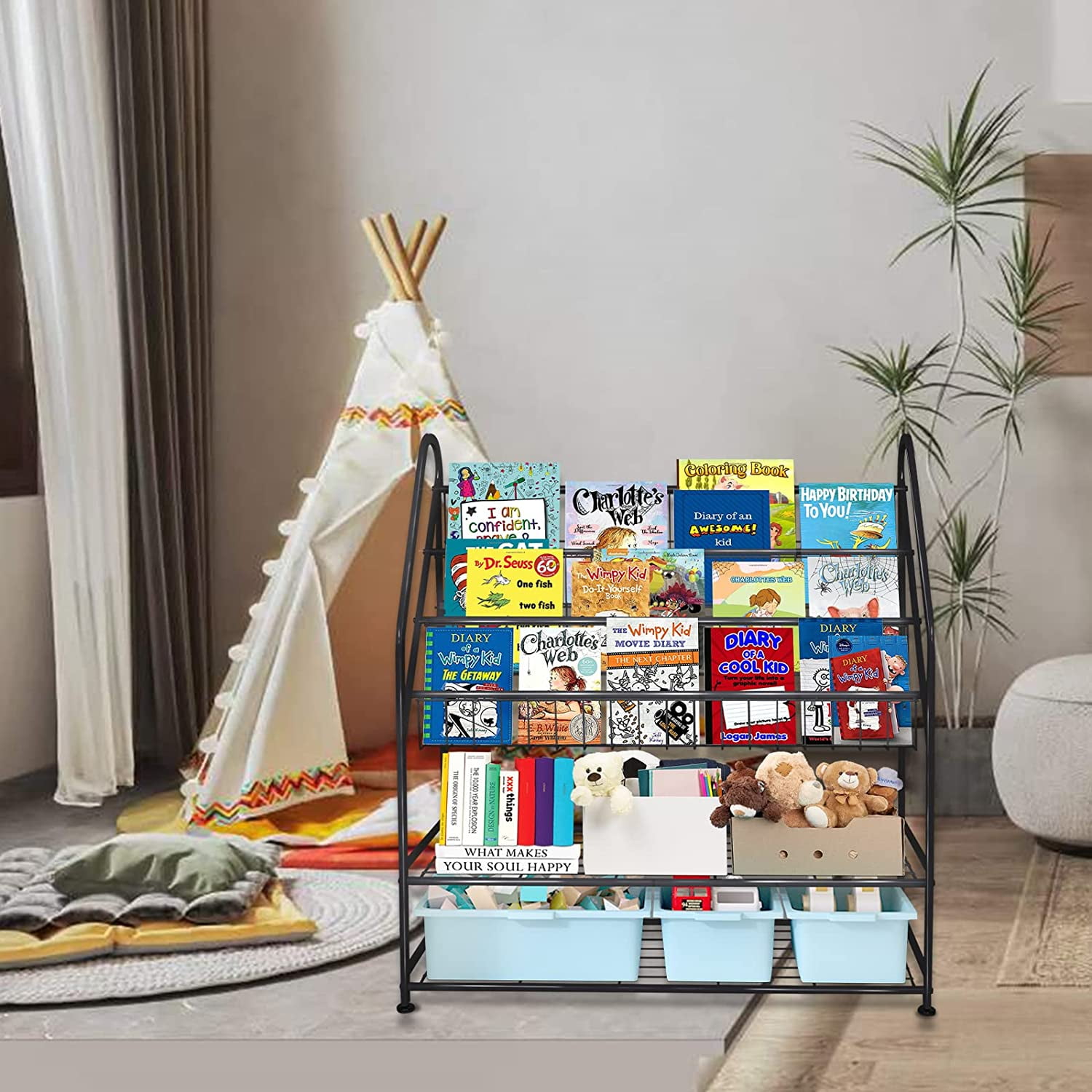 aboxoo Metal Kids Black Bookshelf LargeFreestanding for Children Room 32 in Toys Organizer Large Stable Bookcase Bookstore Library Book Unit Storage Kids Bed Living Room - Image 2