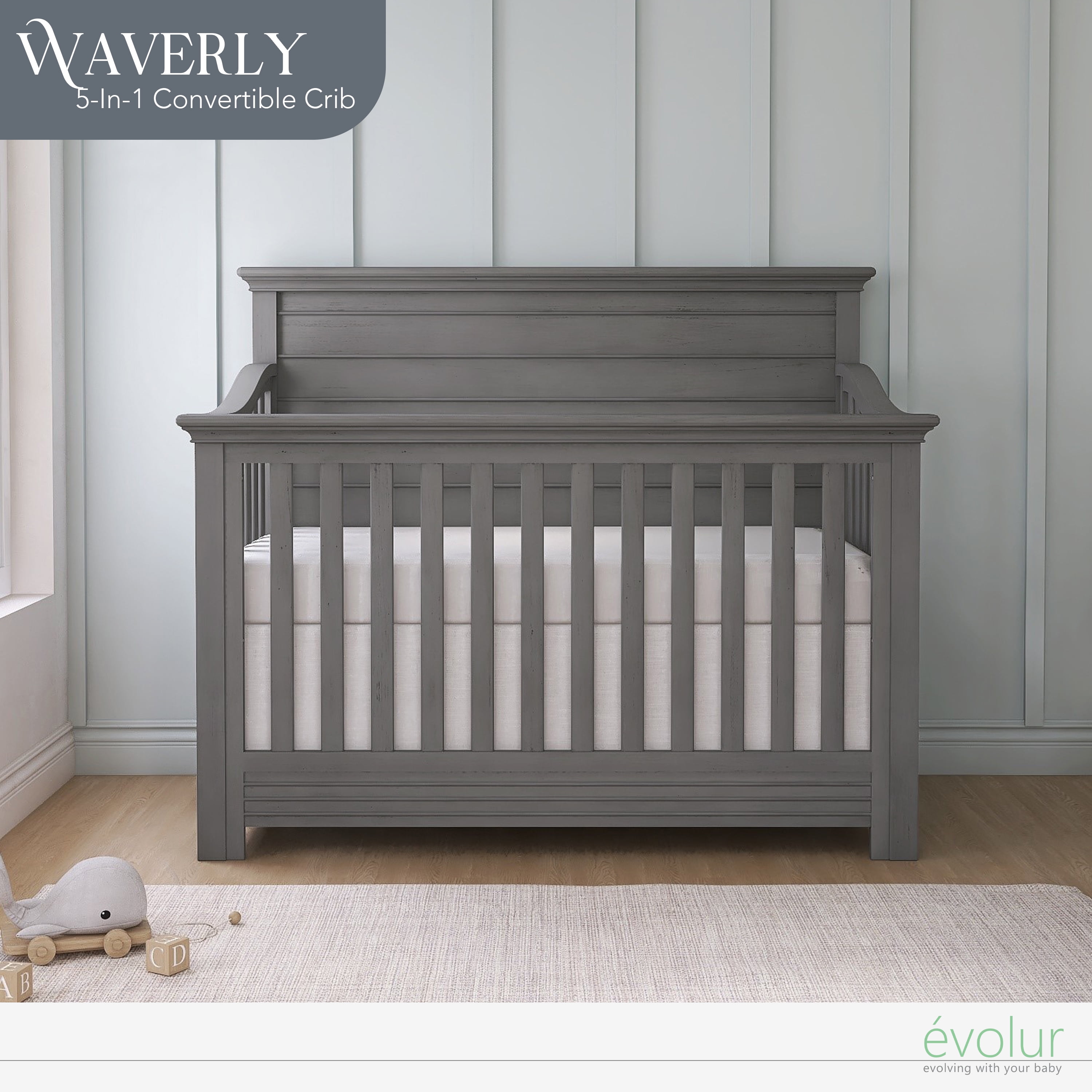 evolur Waverly 5-in-1 Full Panel Convertible Crib, Rustic Grey - Image 5