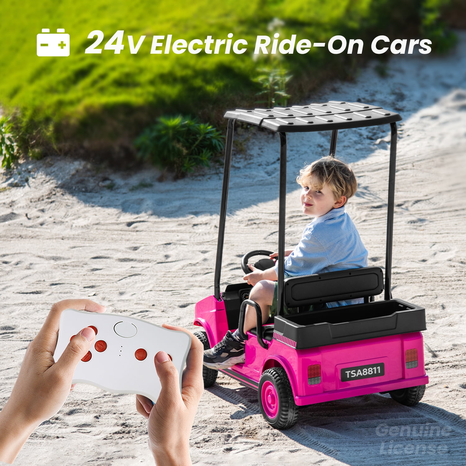 Track Seven 24V Ride on Car, Electric Golf Cart with Ceiling, Ride on Truck with Remote Control, Music, Rear Storage Box, Electric Car for Boys Girls Age 3+, 18.5" Large Seat with Armrests, Pink - Image 2