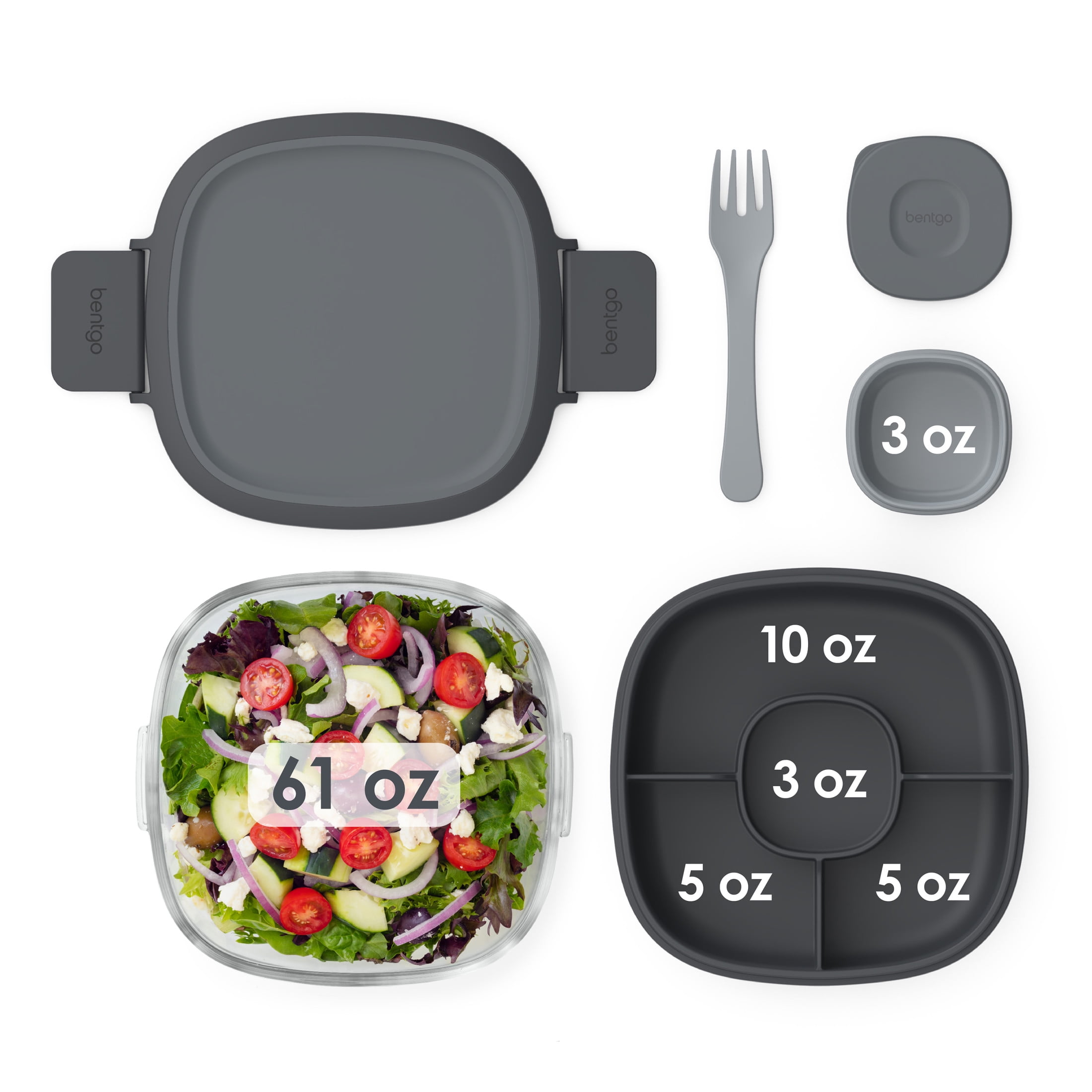 (4 pack) Bentgo Glass All-in-One Salad Container - Large 61-oz Salad Bowl, 4-Compartment Bento-Style Tray for Toppings, 3-oz Sauce Container for Dressings, and Built-In Reusable Fork (Dark Gray) - Image 7