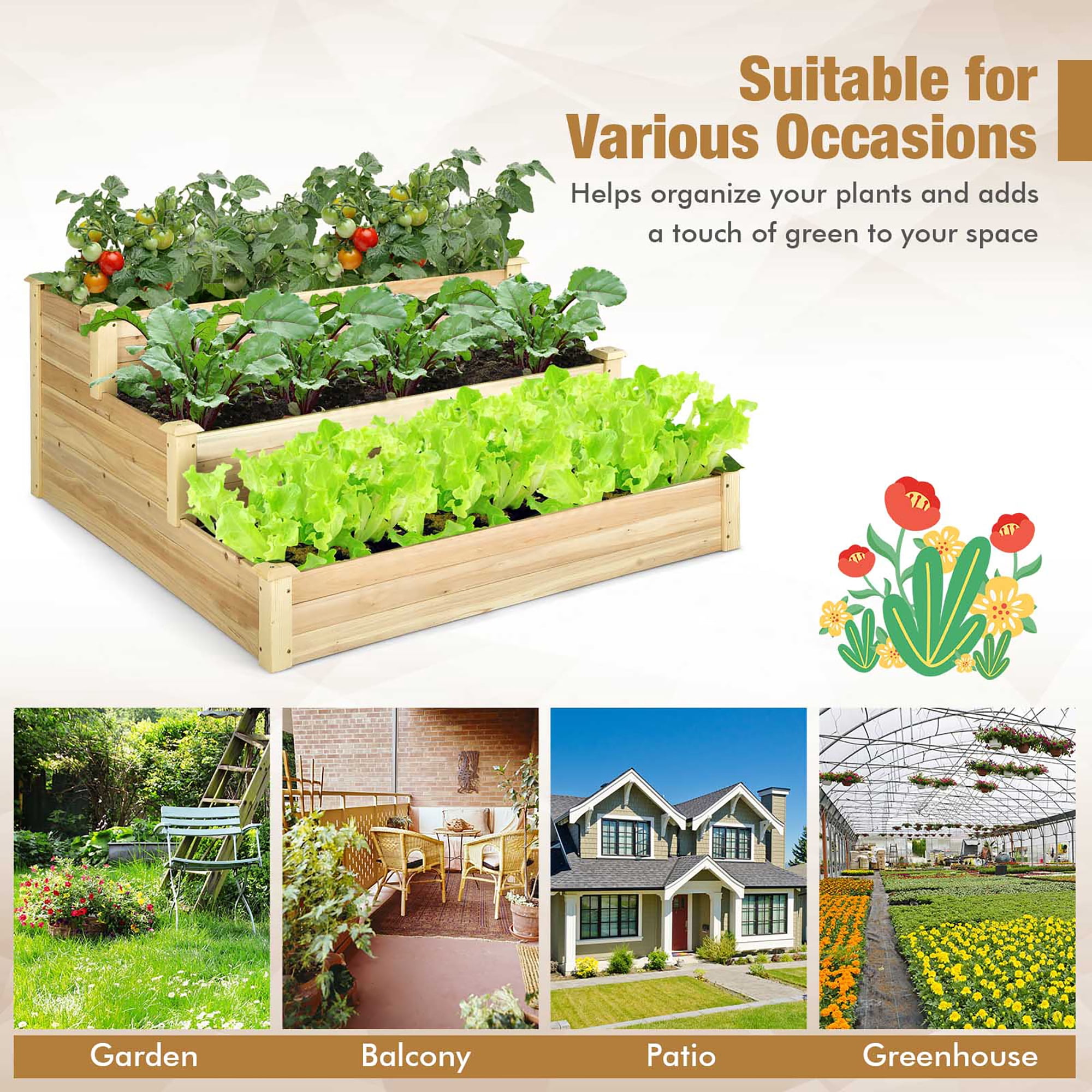Costway 3-Tier Raised Garden Bed Wood Planter Kit for Flower Vegetable Herb 48x 48x 22in - Image 7