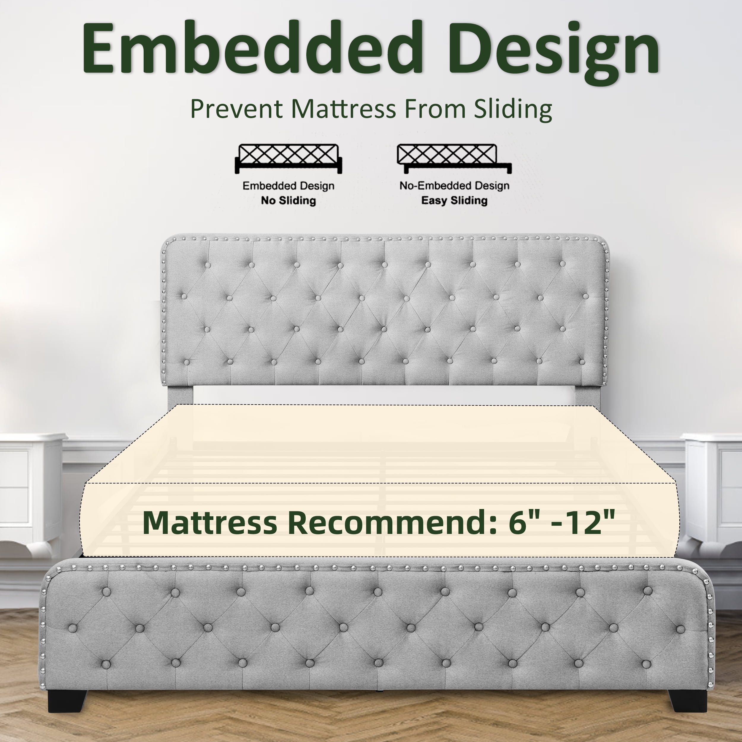 TrumanPick Queen Size 4 Drawers Bed Frame with Adjustable Upholstered Button Headboard, Adult, Grey - Image 3