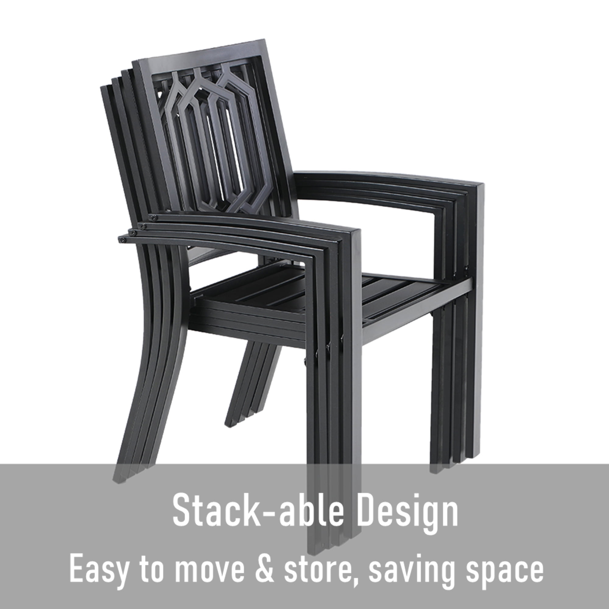 MF Studio 7-Piece Outdoor Patio Dining Set with Stacking Chairs & Wood-Grain Topped Table for 6-Person, Black - Image 5