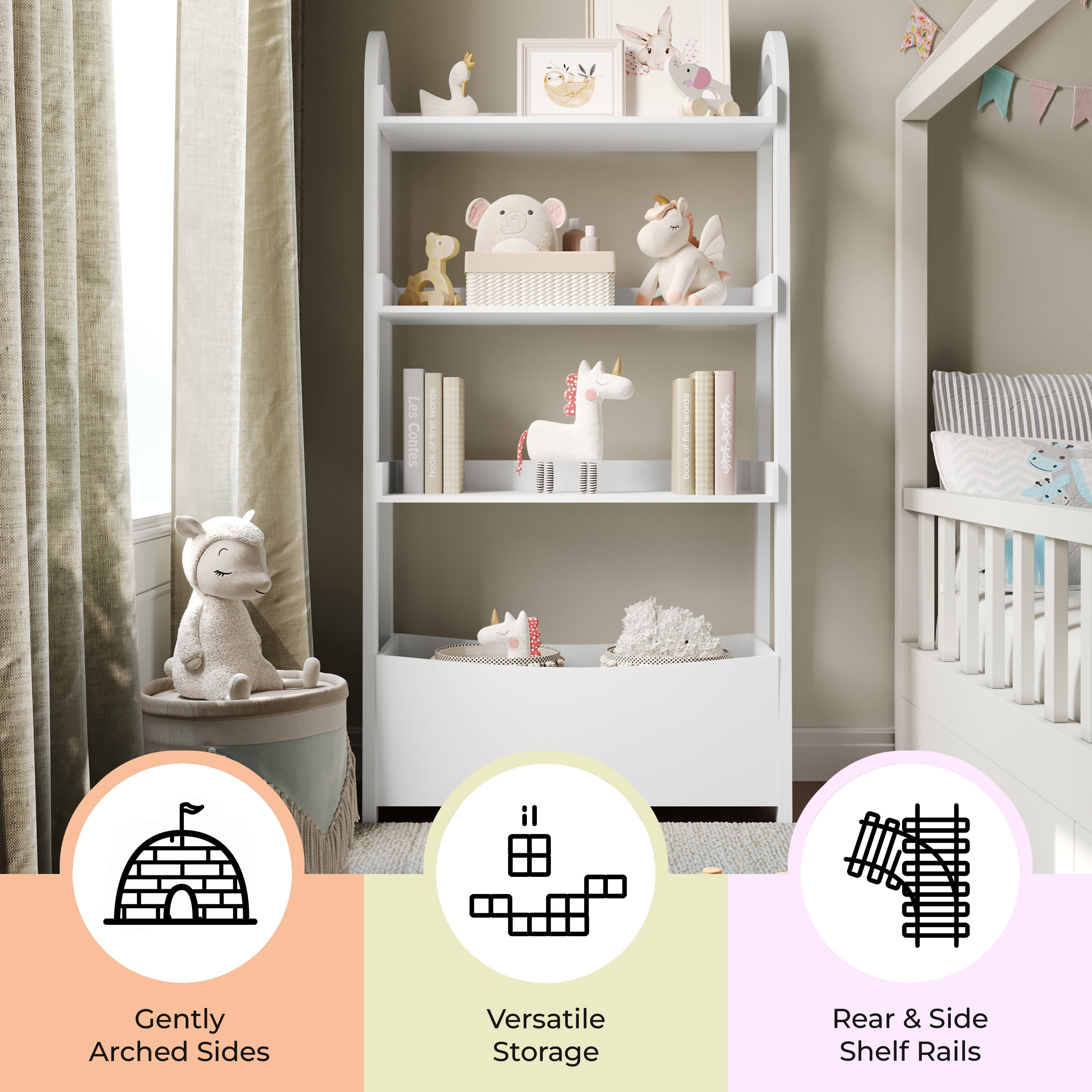 Buzz & Bloom Kids Open-Style Engineered Wood Bookshelf with 3 Shelves and Bottom Storage Bin, White - Image 4