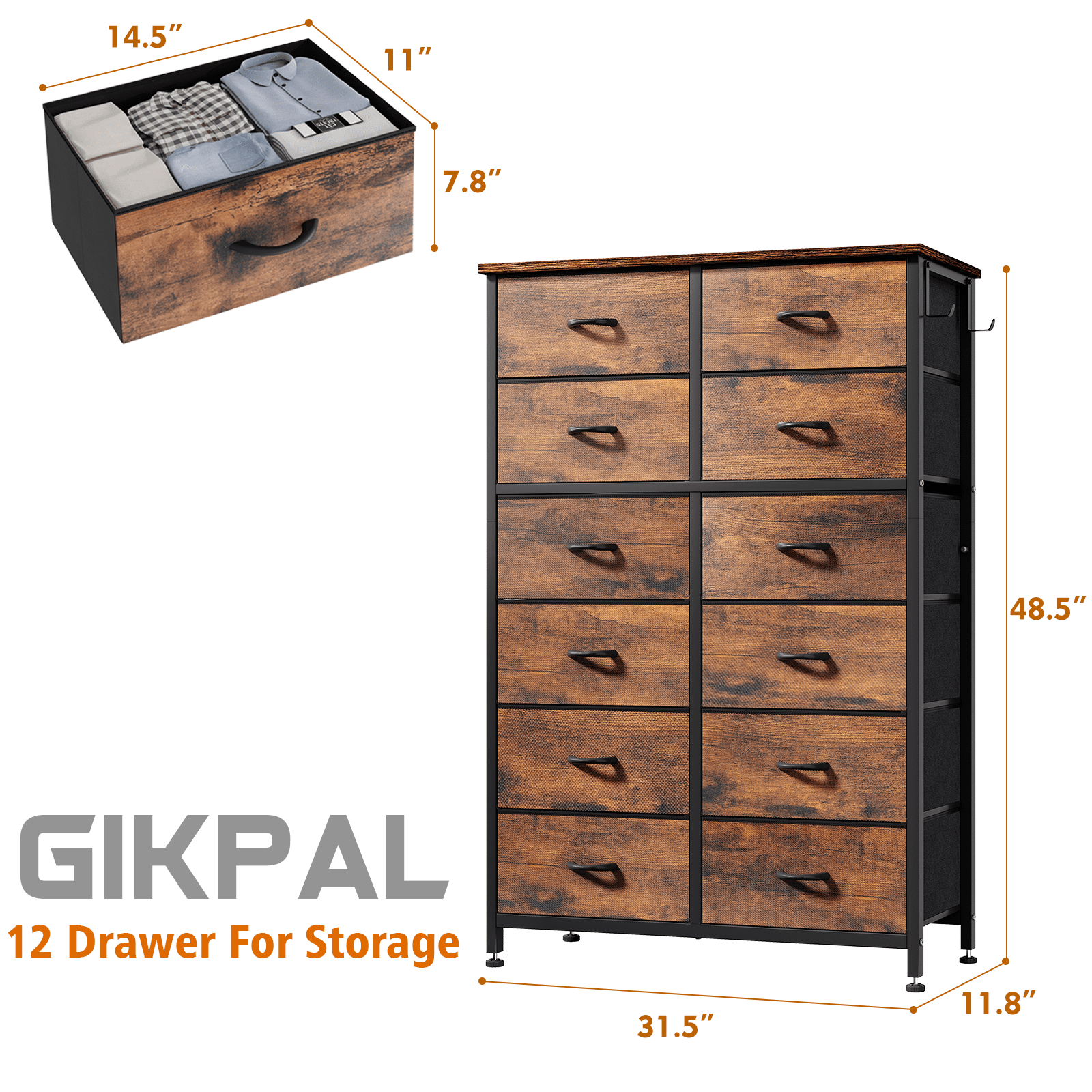 GIKPAL 12 Drawer Dresser, Dressers for Bedroom Chest of Drawers, Tall Dresser for Kids and Adult, Steel Frame and Wooden Top Brown - Image 5