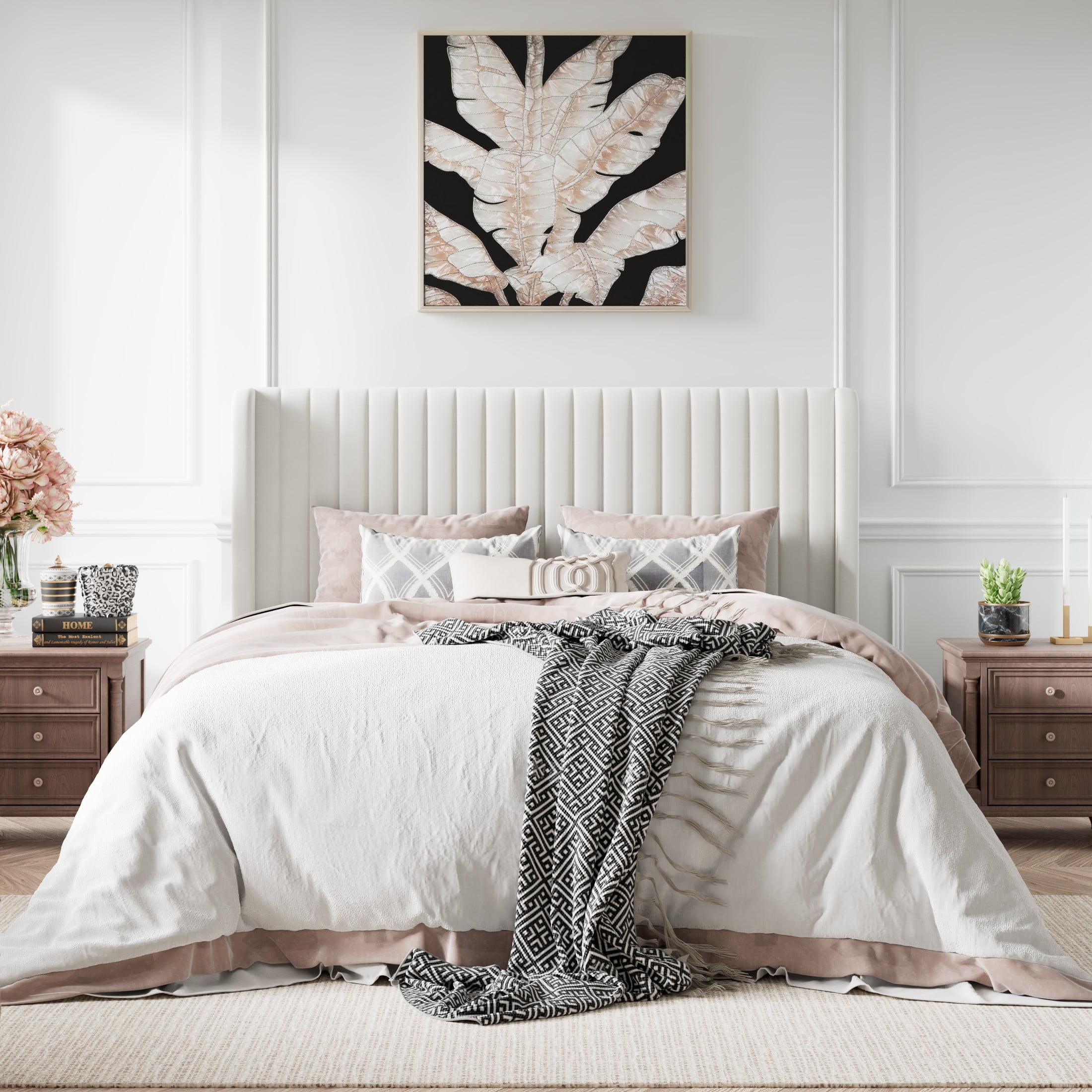 Amolife Queen Size Velvet Upholstered Bed with Wingback Headboard, Off-white - Image 9