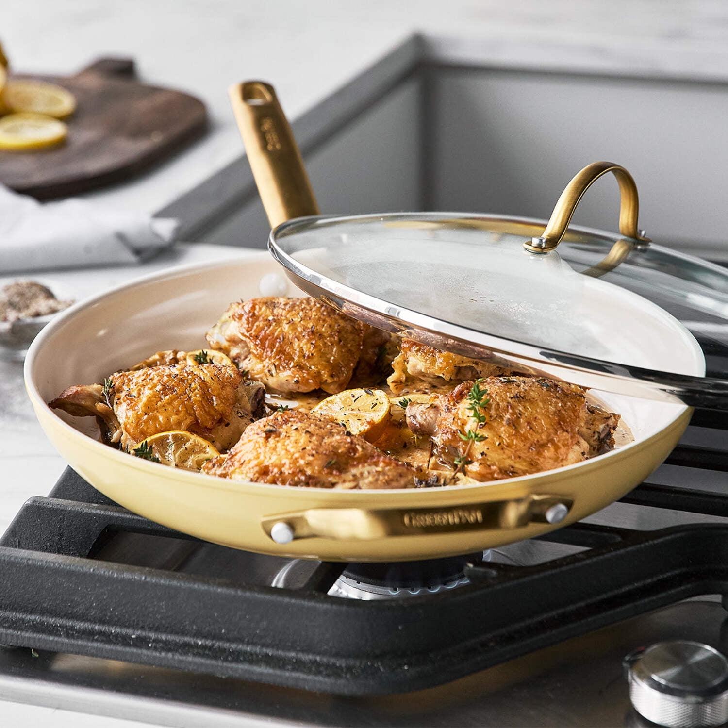 GreenPan Reserve Ceramic Nonstick 12" Frypan with Helper Handle and Lid | Sunrise with Gold-Tone Handles - Image 5