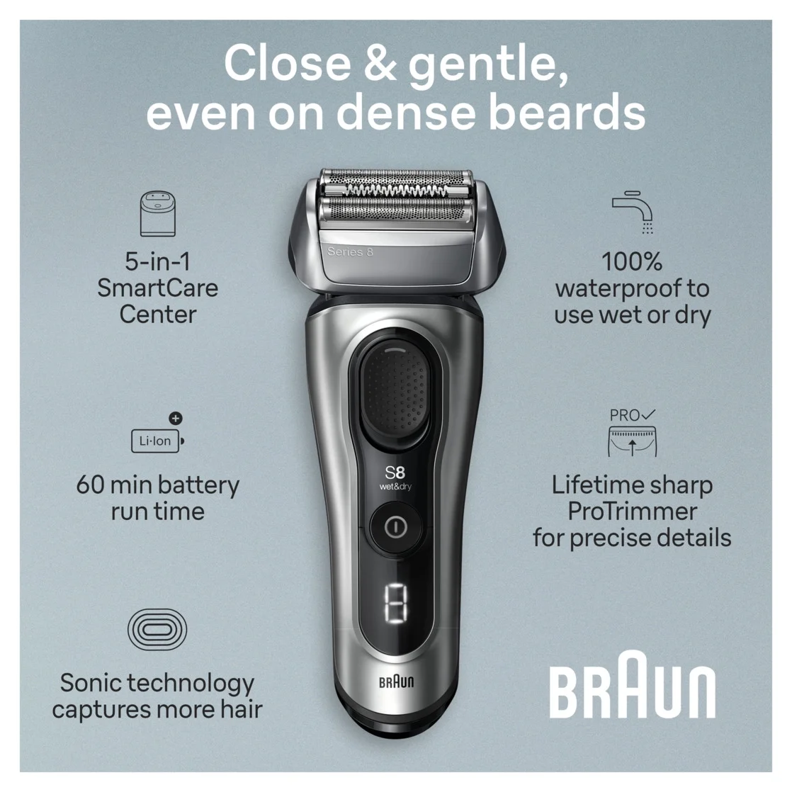 Braun Series 8 Electric Shaver for Men, with 4+1 Shaving Elements & Precision Long Hair Trimmer, 5in1 SmartCare Center, 8567cc Galvano Silver - Image 9