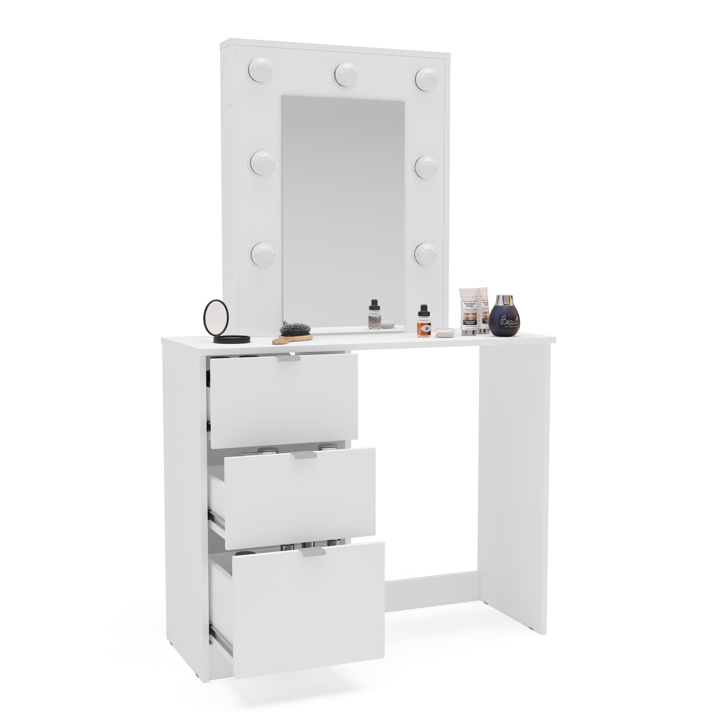 Polifurniture Daisy Modern Bedroom Makeup Vanity Table with Lighted Mirror, White Finish - Image 9