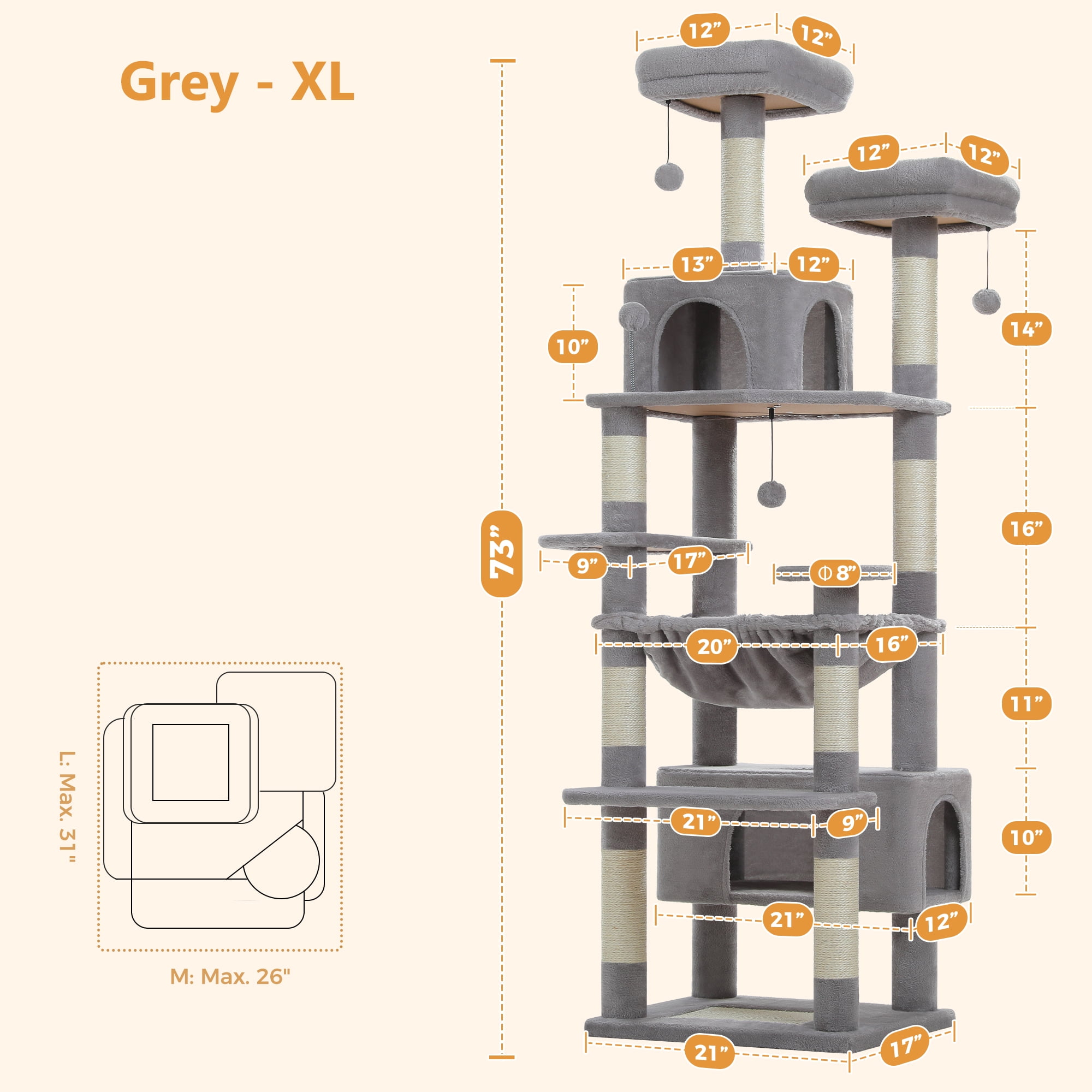 PAWZ Road 73"Cat Tree for Large Cats Multi Level Play Tower Condo 7 Sisal Cat Scratching Posts Gray - Image 9