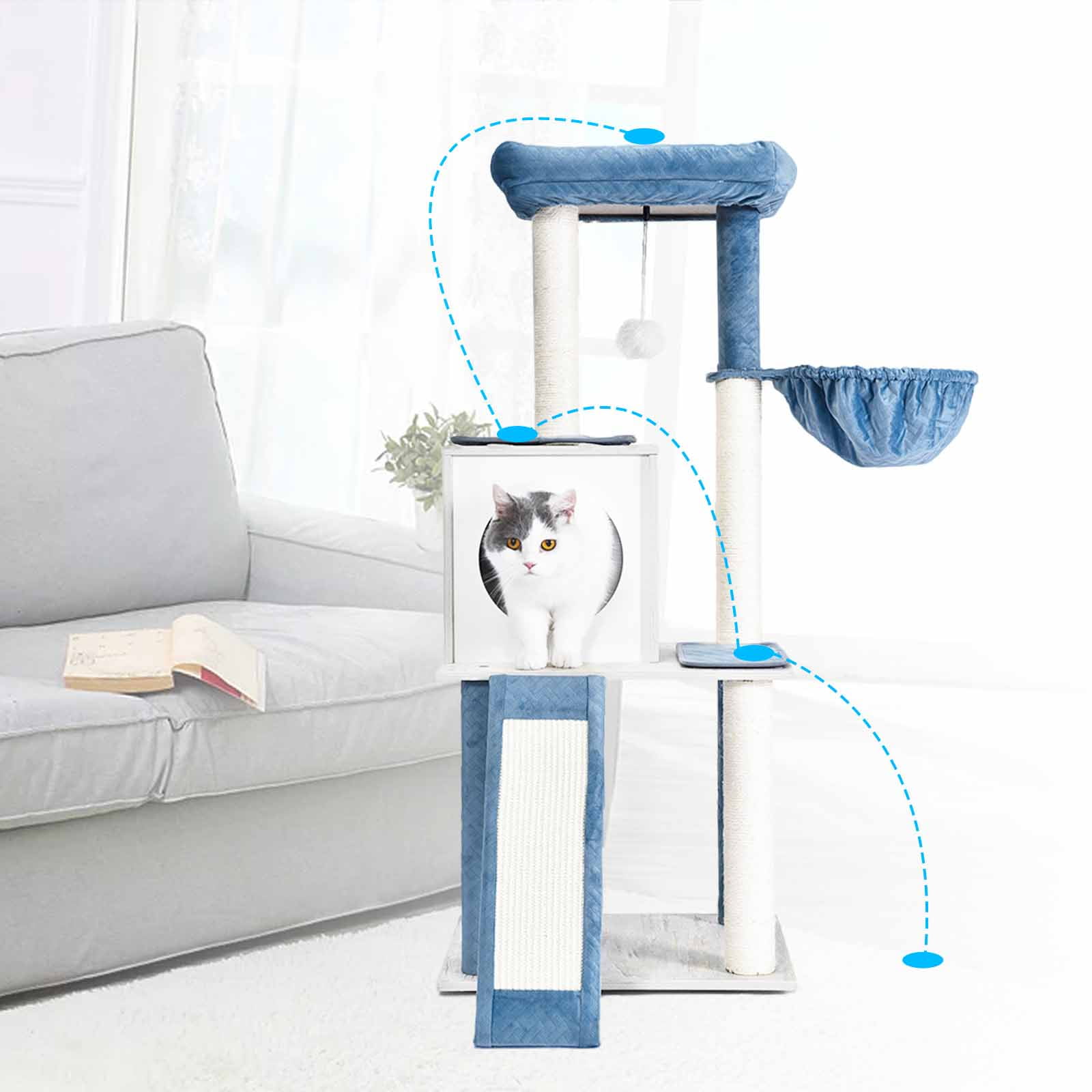 Petfamily 45 in Cat Tree Cat Tower with Perch, Hammock, Scratching Post, Stone Blue, 18.9x15.75x45" - Image 8