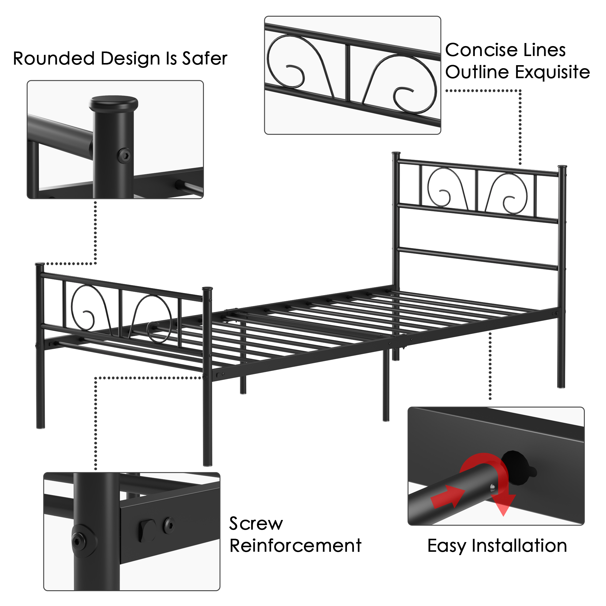 Yoneston Platform Metal Bed Frame Foundation Headboard Bedroom Furniture Twin Size - Black - Image 2