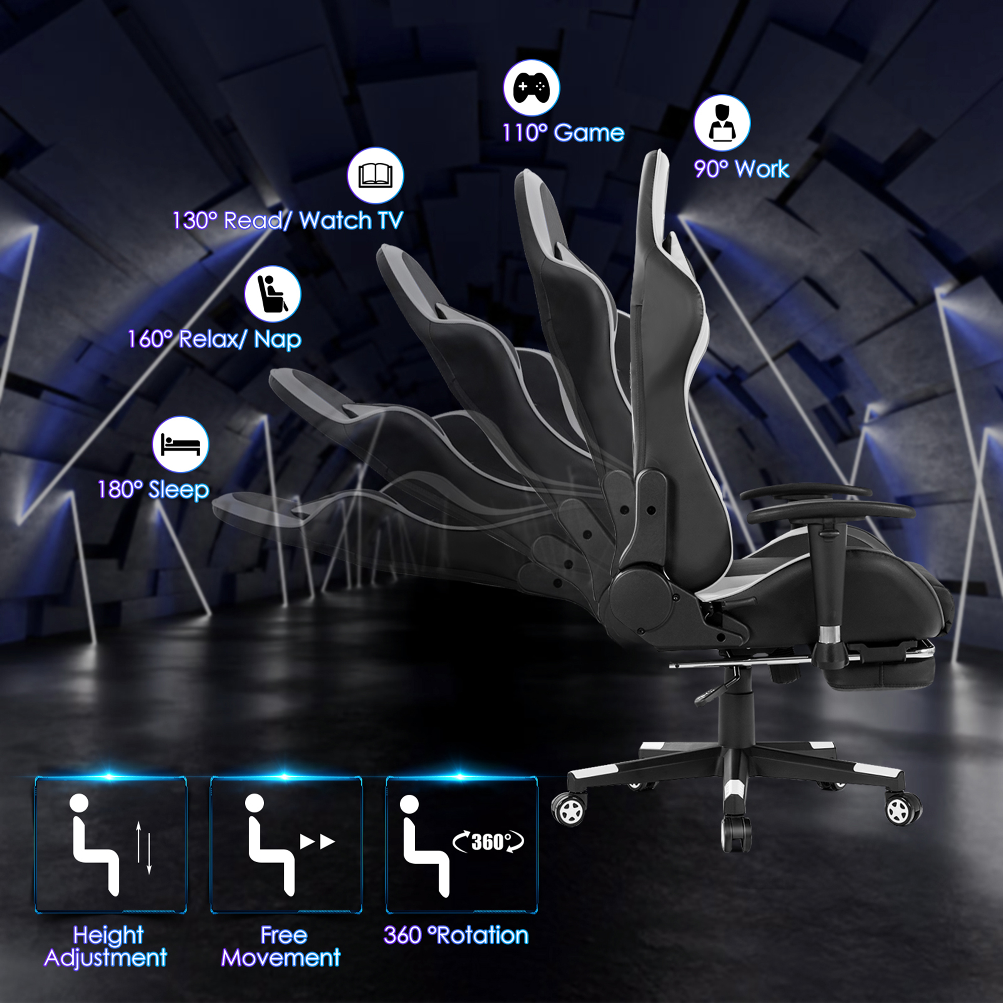 Gymax Gaming Desk&Massage Gaming Chair Set w/ Footrest Monitor Shelf Power Strip White - Image 9