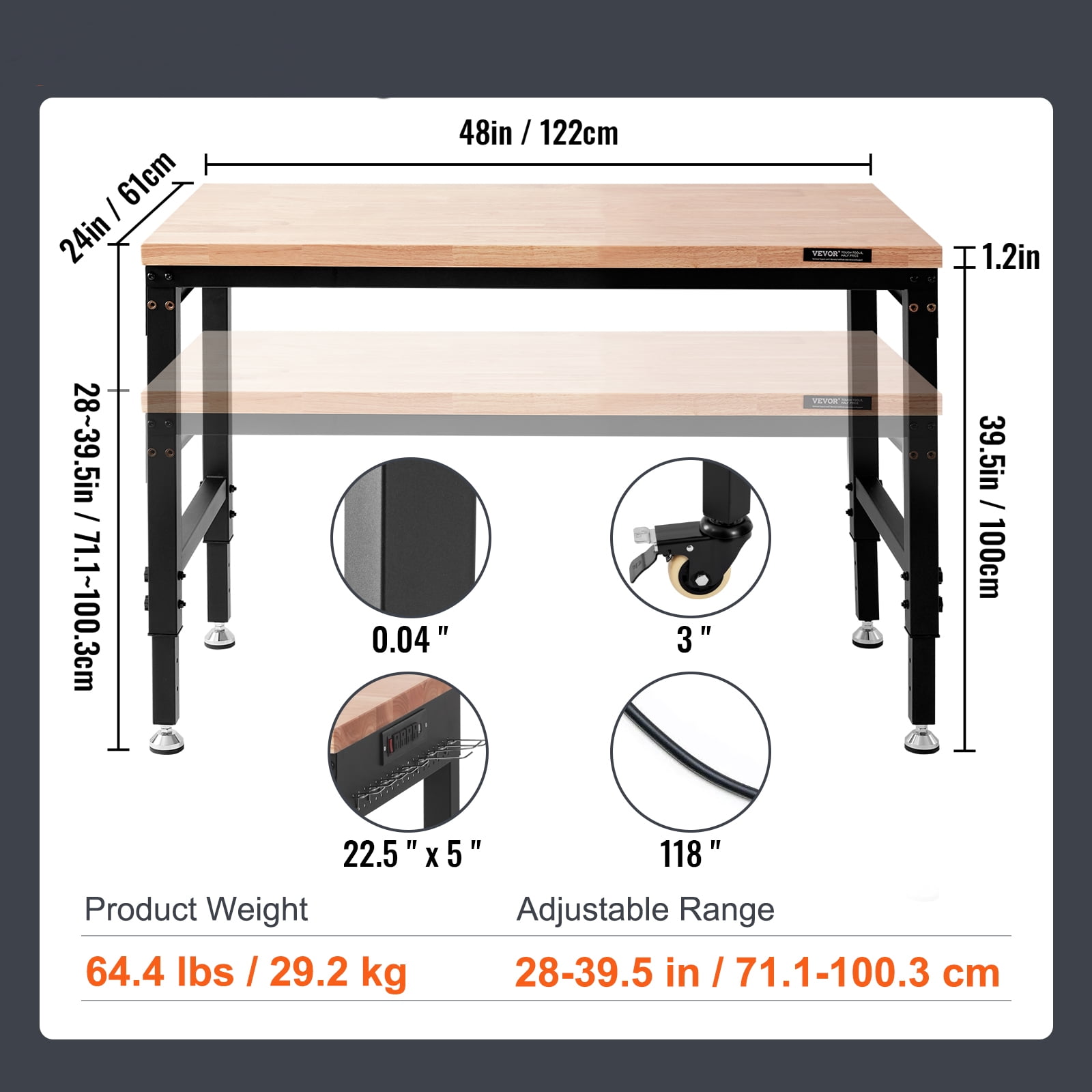 VEVOR Adjustable Workbench, 48" L X 24" W Multi-Purpose Work Bench with 28-39.5" Height Range and 2000 lbs Capacity, Power Outlets & Hardwood Top & Metal Frame & Foot Pads, Workshop Garage Table - Image 7
