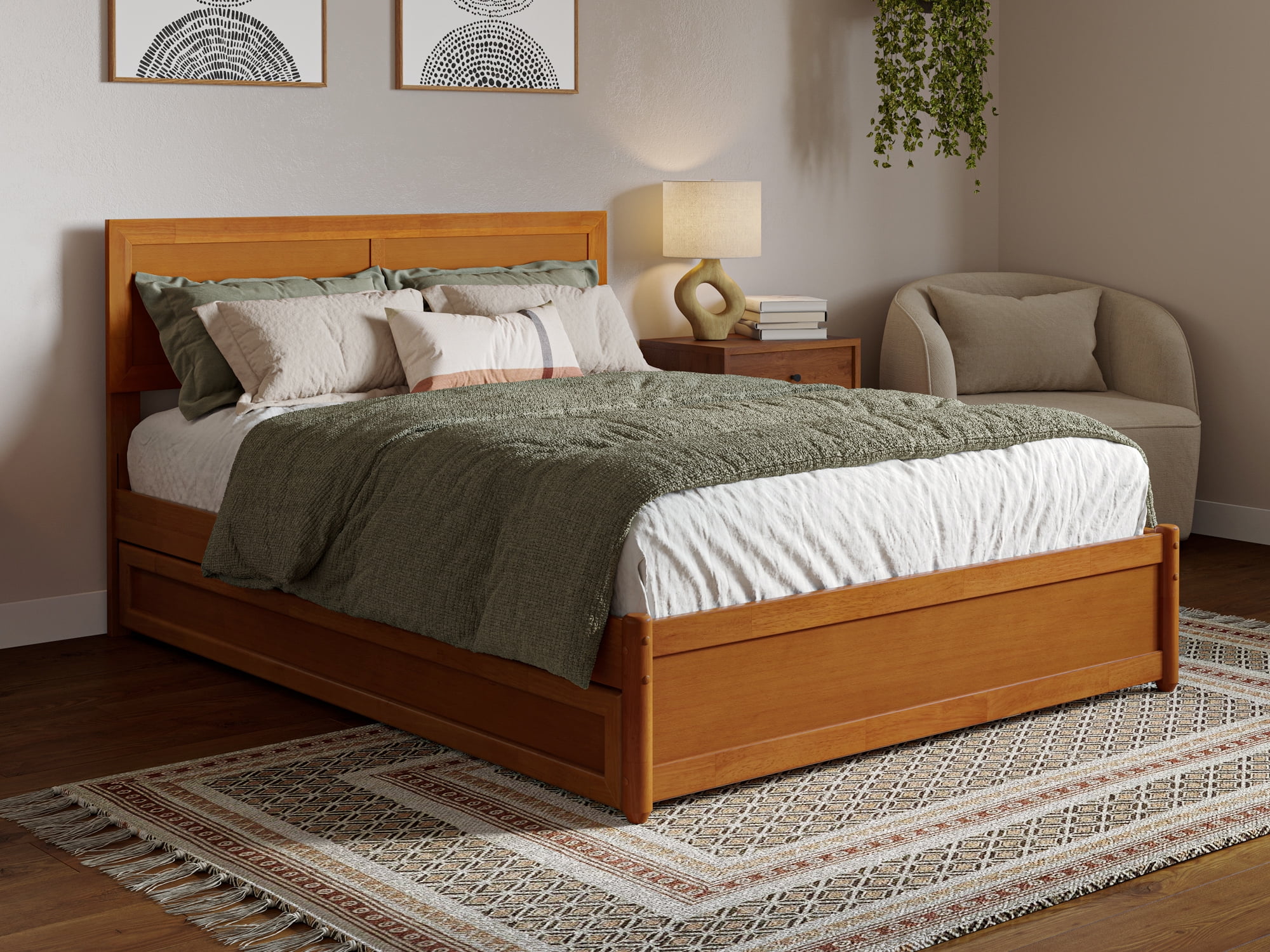 AFI Lylah Full Wood Platform Bed with Panel Footboard and Twin Trundle, Light Toffee - Image 12
