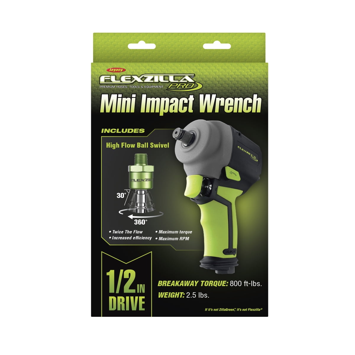 Flexzilla® Pro Mini Impact Wrench, 1/2" Drive, with Flexzilla Pro High Flow Ball Swivel Plug, ZillaGreen™ - Image 5