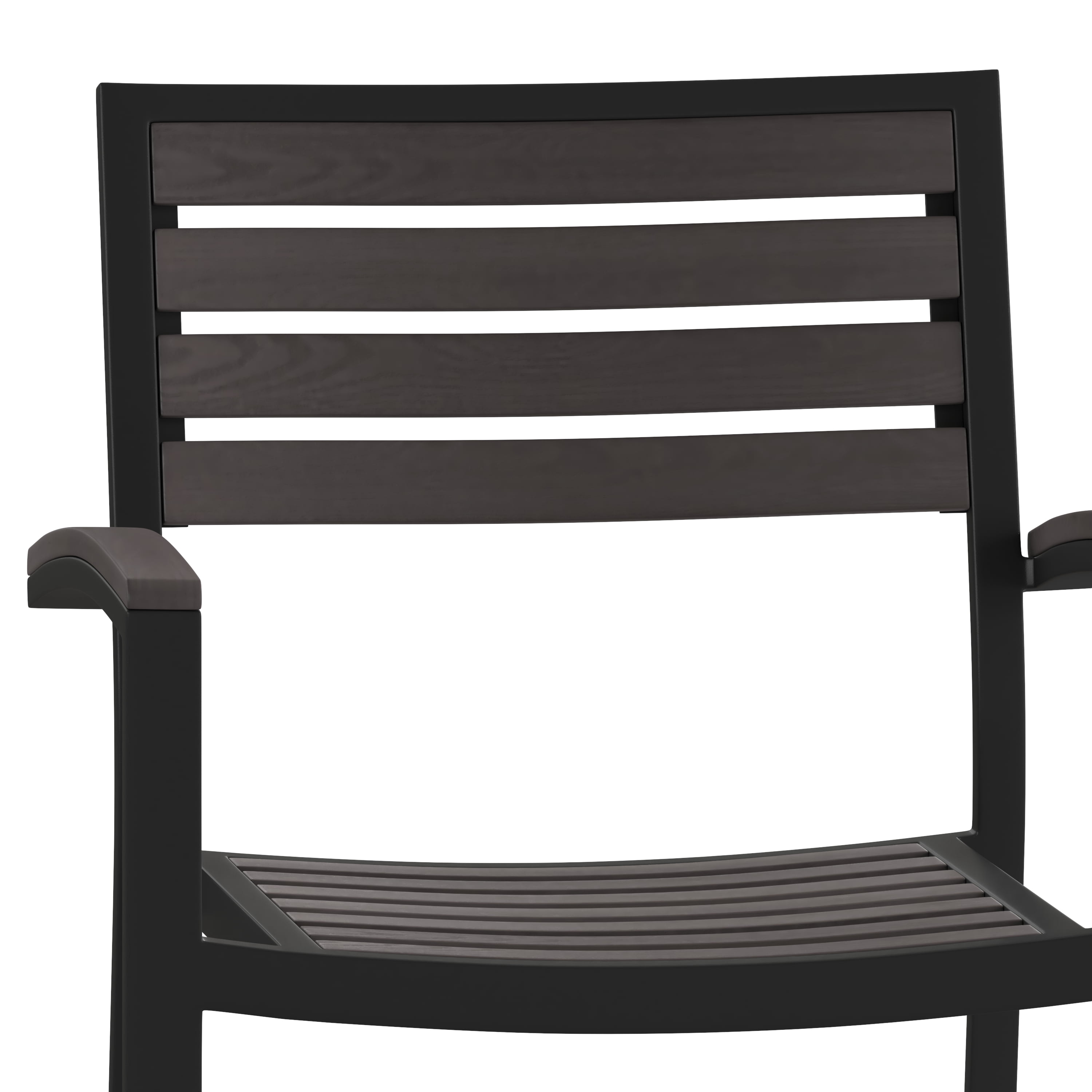 Flash Furniture Lark Set of 2 Outdoor Stackable Faux Teak Side Chairs - Commercial Grade Black Aluminum Patio Chairs with Synthetic Gray Wash Faux Teak Slats - Image 11