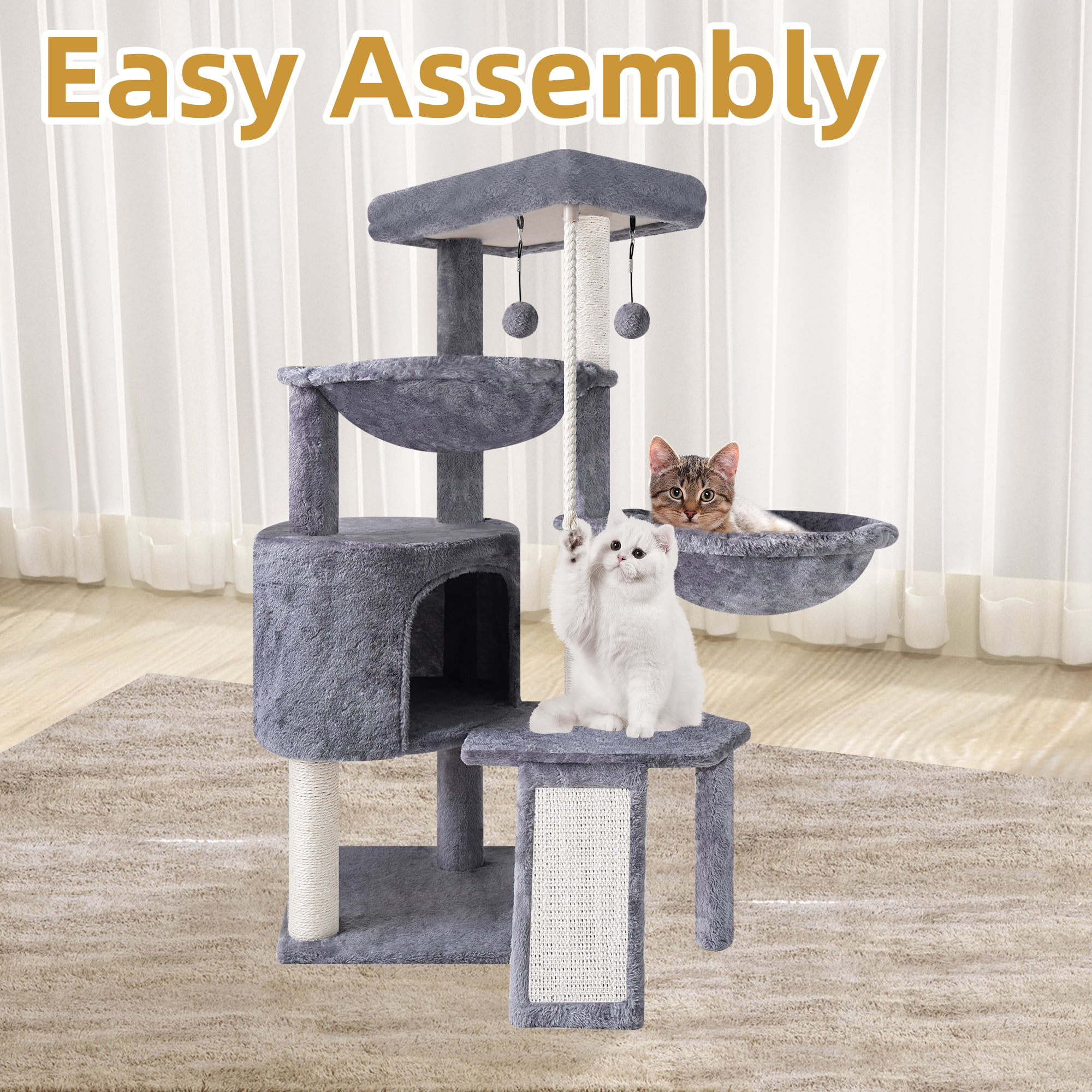 AIWIKIDE 37.4'' Cat Tree Cat Tower with Scratching Posts, Activity Centre Climbing Tree Cat Furniture with Cat Condo and Two Hammocks, Grey - Image 3