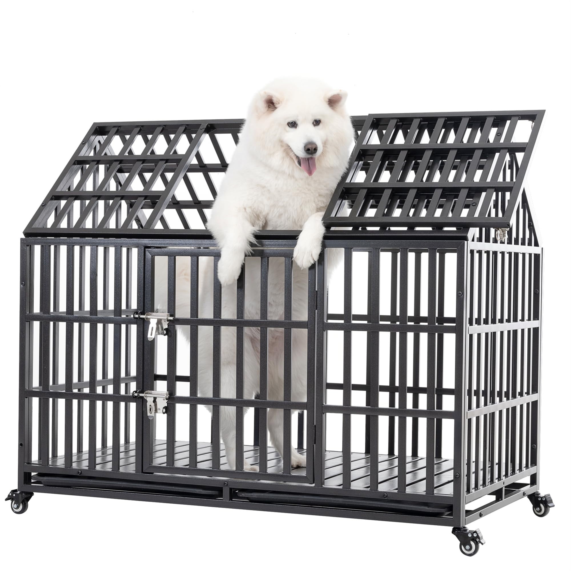 Aukfa 43/47/51 in Heavy Duty Indestructible Dog Crate, House Shape Escape Proof Dog Cage Kennel with Lockable Wheels & Removable Tray - Image 6