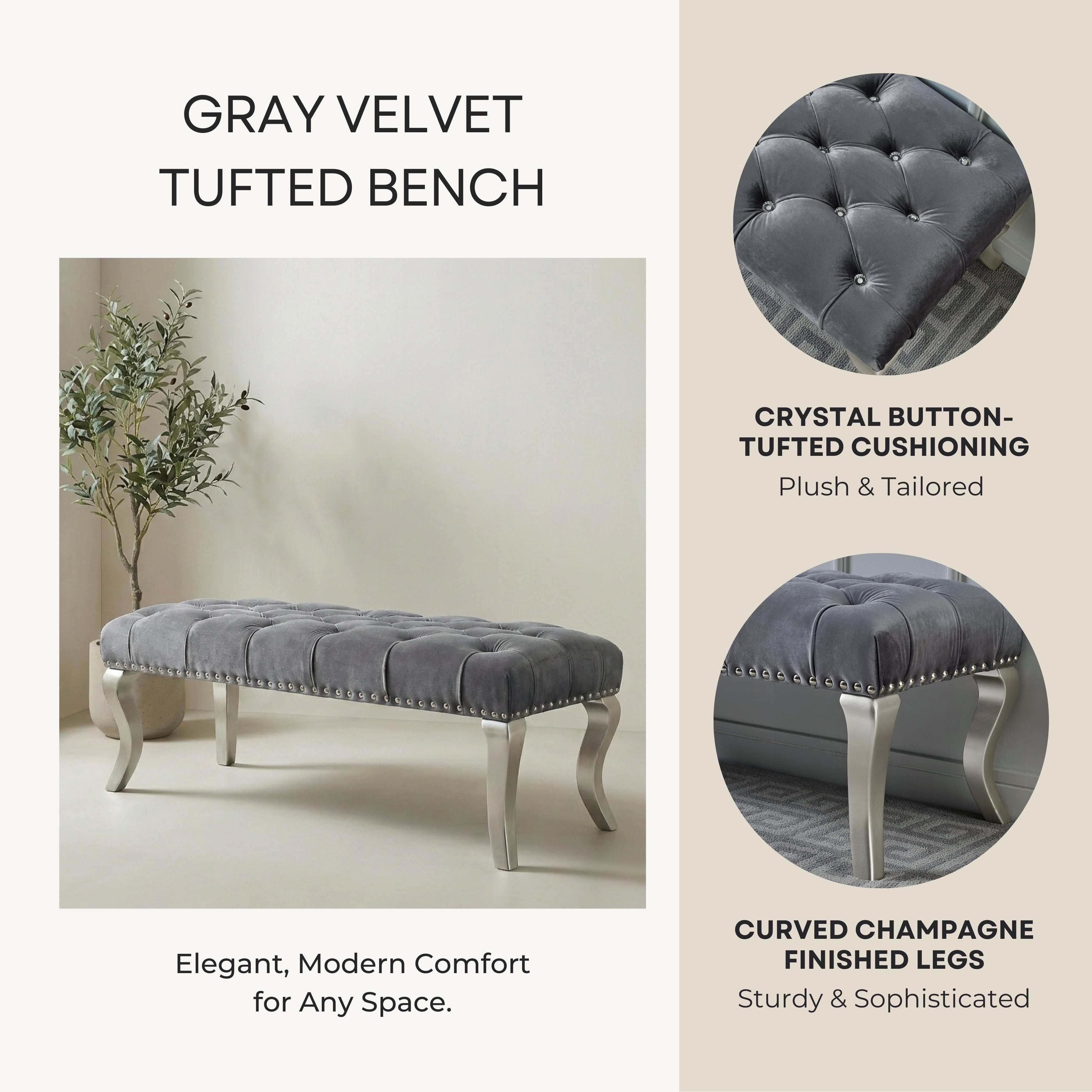 Roundhill Furniture Decor Maxem Fabric Upholstered Bench with Nailhead Gray - Image 5