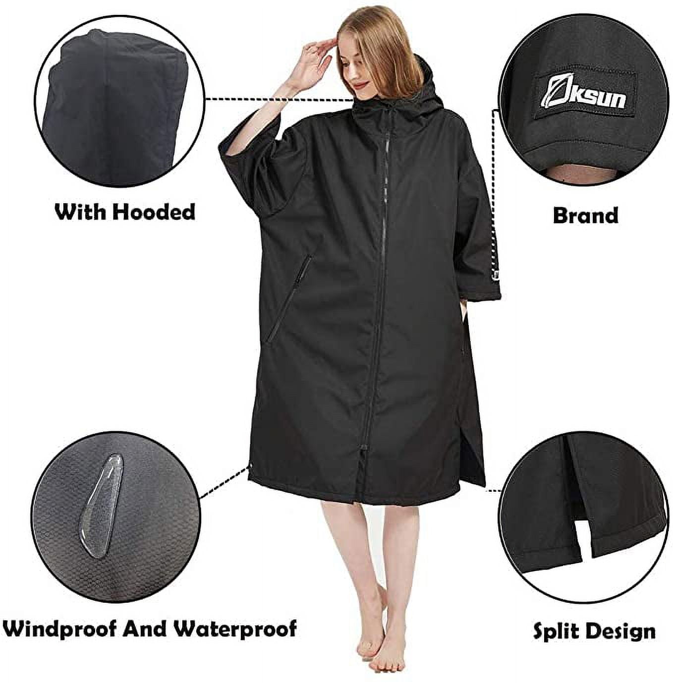 Oksun Waterproof Changing Robe,Windproof Oversized Surf Poncho Hooded Warm Fleece Lining Coat Black - Image 3