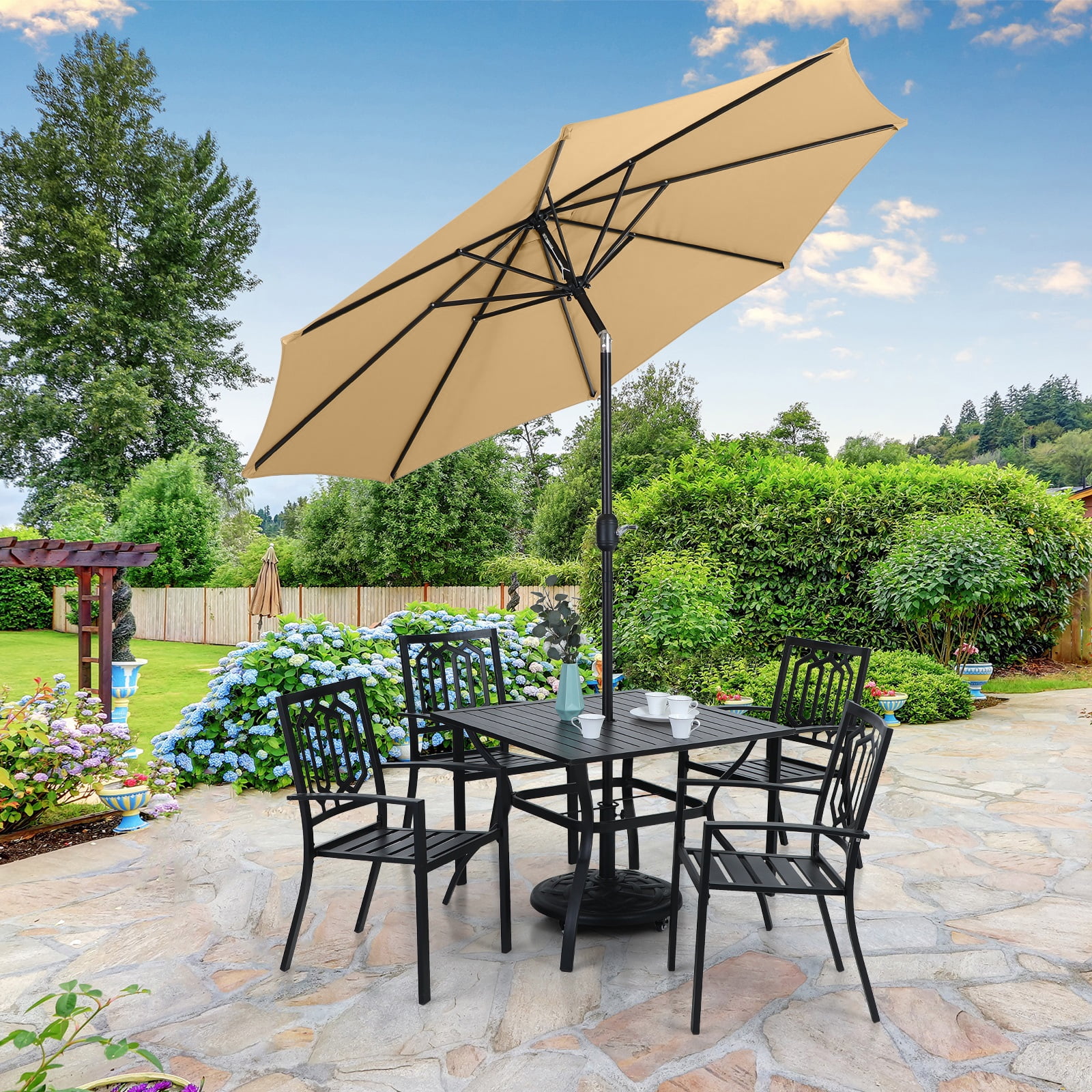 MF Studio 9ft Patio Umbrella with 8 Sturdy Ribs with Push Button Tilt/Crank Outdoor Market Table Umbrellas Beige - Image 2