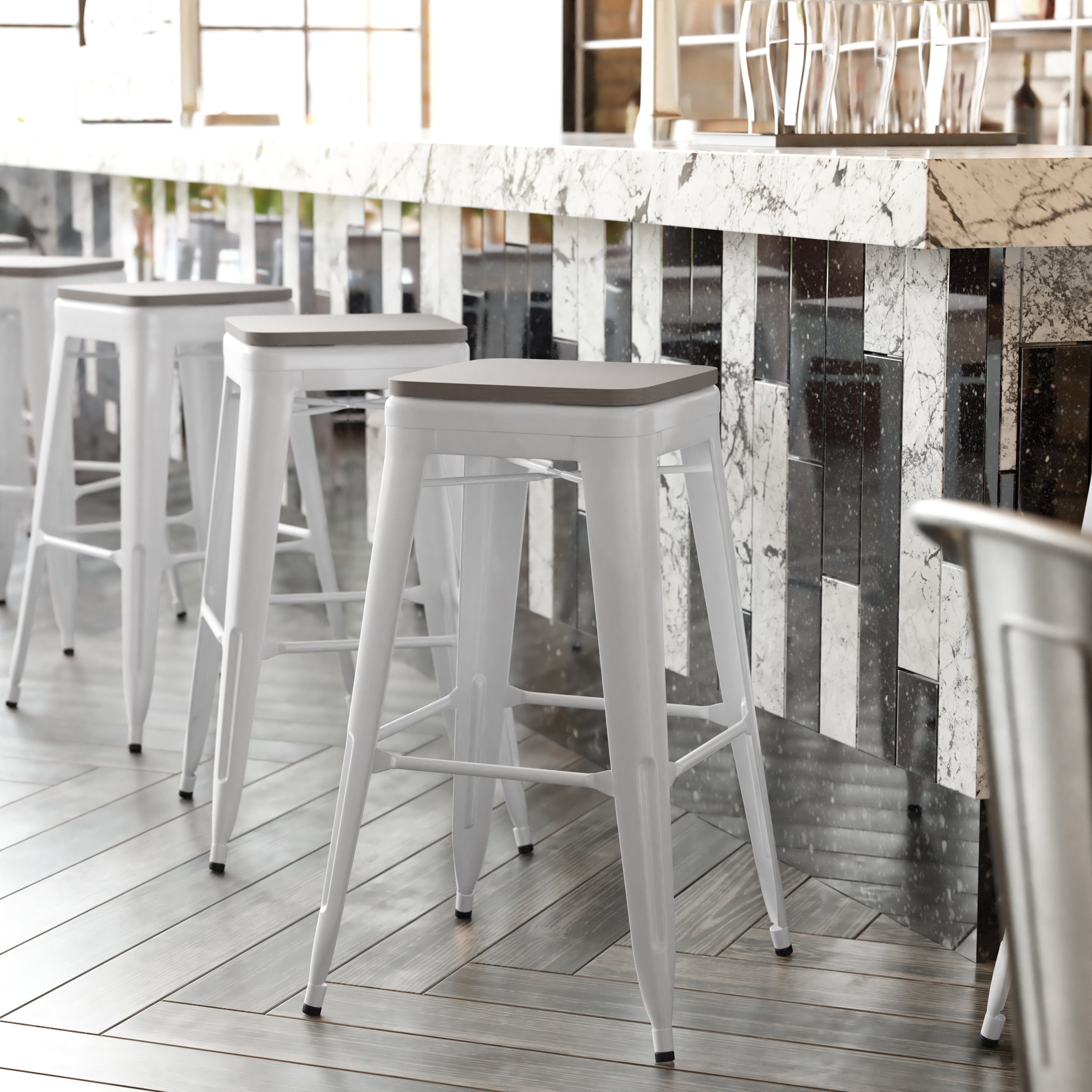 Flash Furniture Kai Commercial Grade 30" High Backless White Metal Indoor-Outdoor Barstool with Gray Poly Resin Wood Seat - Image 9
