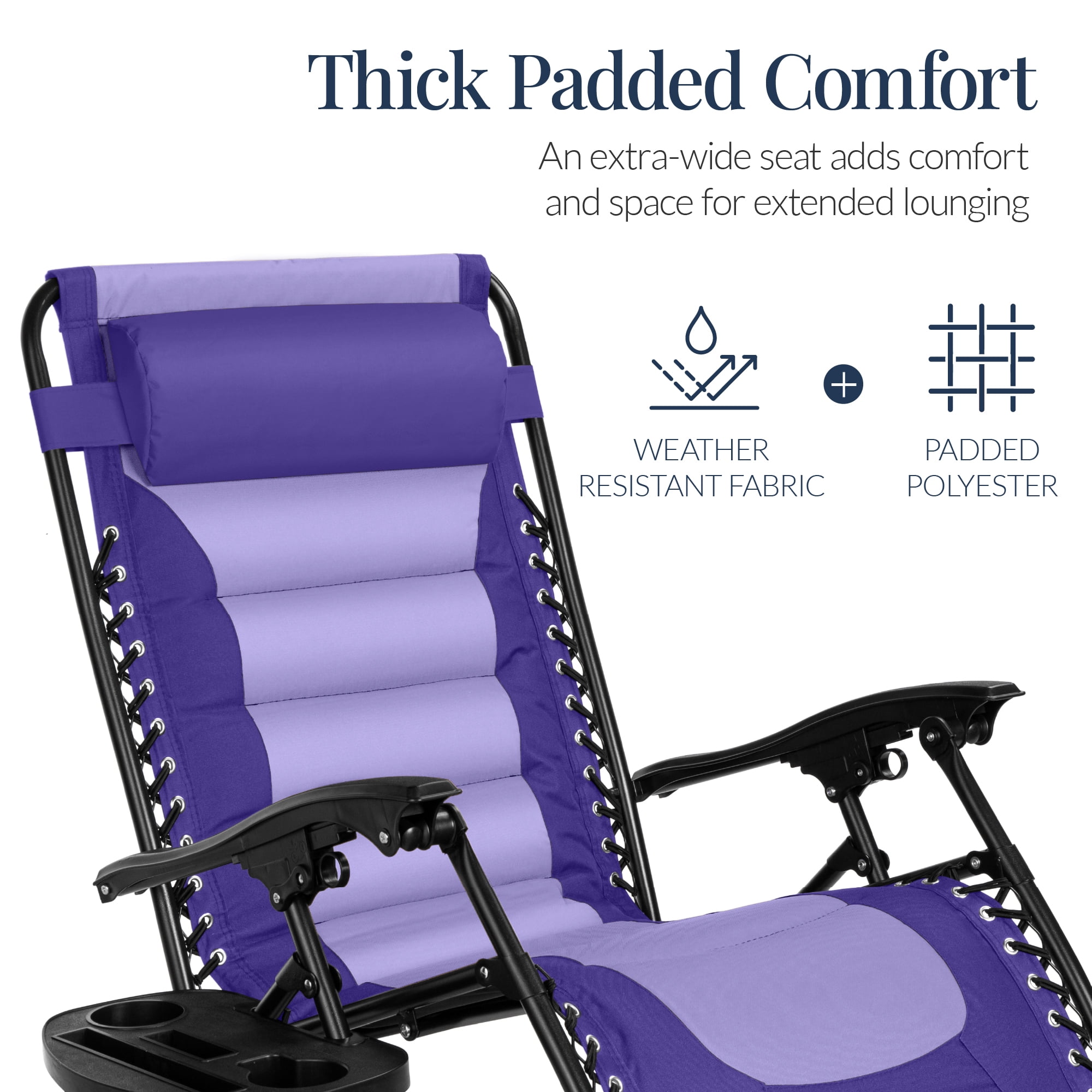 Best Choice Products Oversized Padded Zero Gravity Chair, Folding Outdoor Patio Recliner w/ Side Tray - Purple/Violet - Image 2